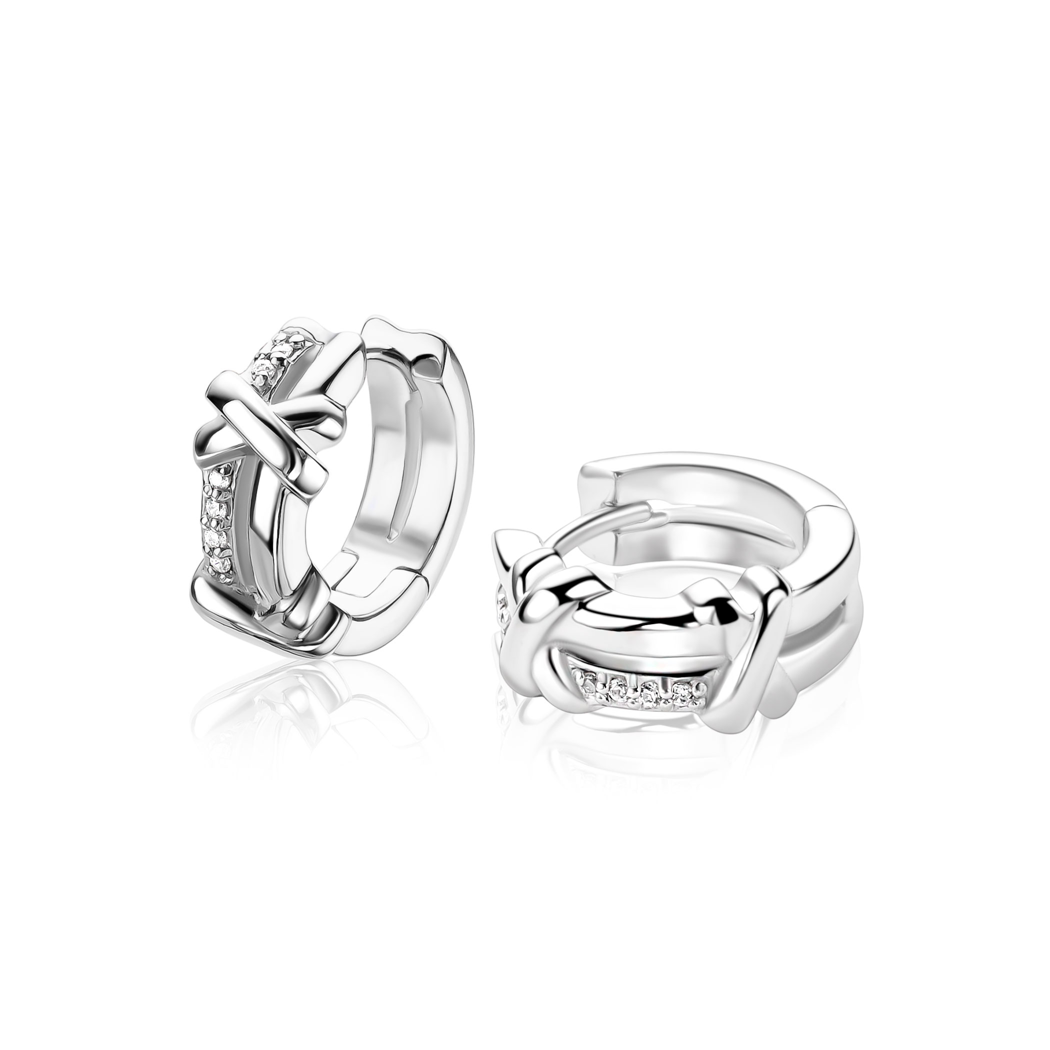 14mm ZINZI zilveren oorringen met kruisjes en witte zirkonia's, luxe klapsluiting ZIO-BF147
