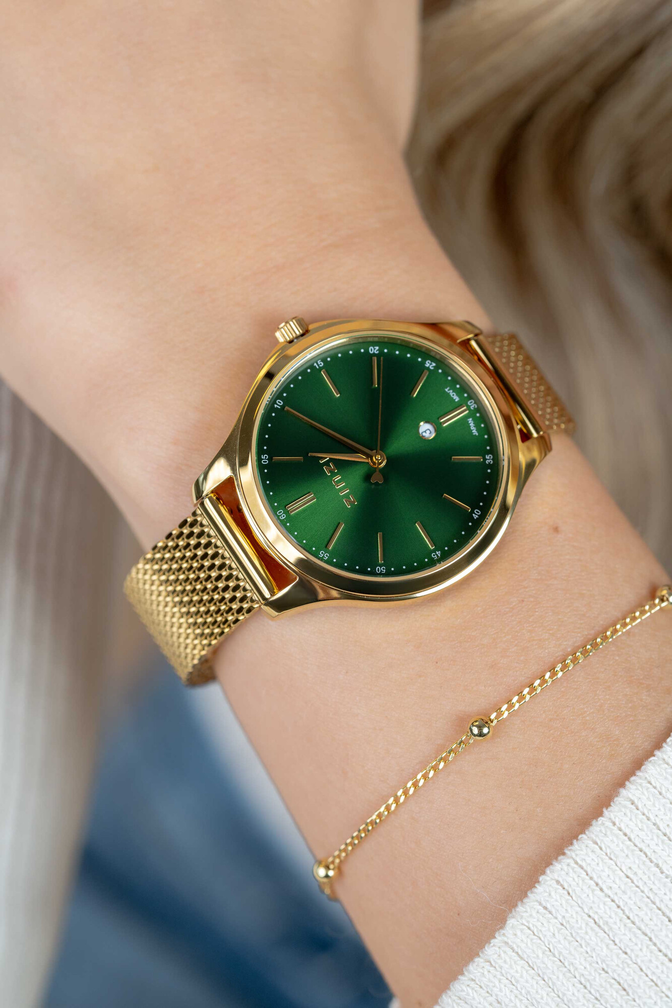 ZINZI Classy horloge 34mm groene wijzerplaat goudkleurige stalen kast en meshband, datum ZIW1035M