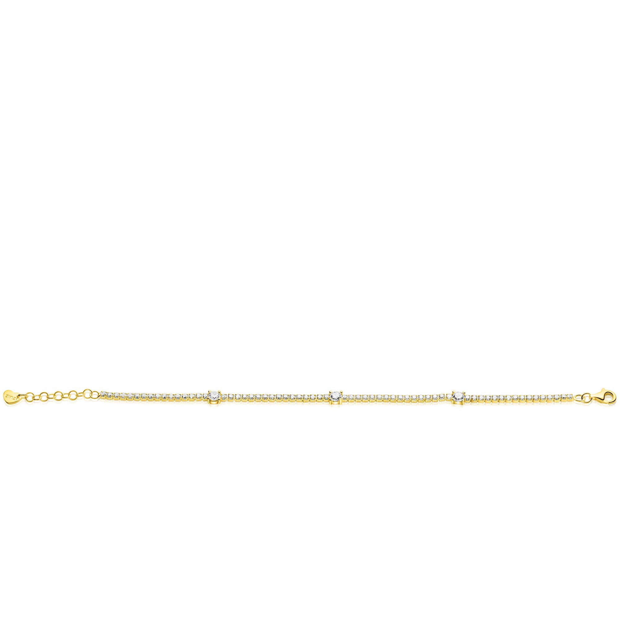 ZINZI gold plated zilveren tennisarmband 2,1mm breed bezet met witte zirkonia’s in verfijnde rijzetting, afgewisseld met drie grotere witte zirkonia's (4,3mm) in chatonzetting ZIA2894Y