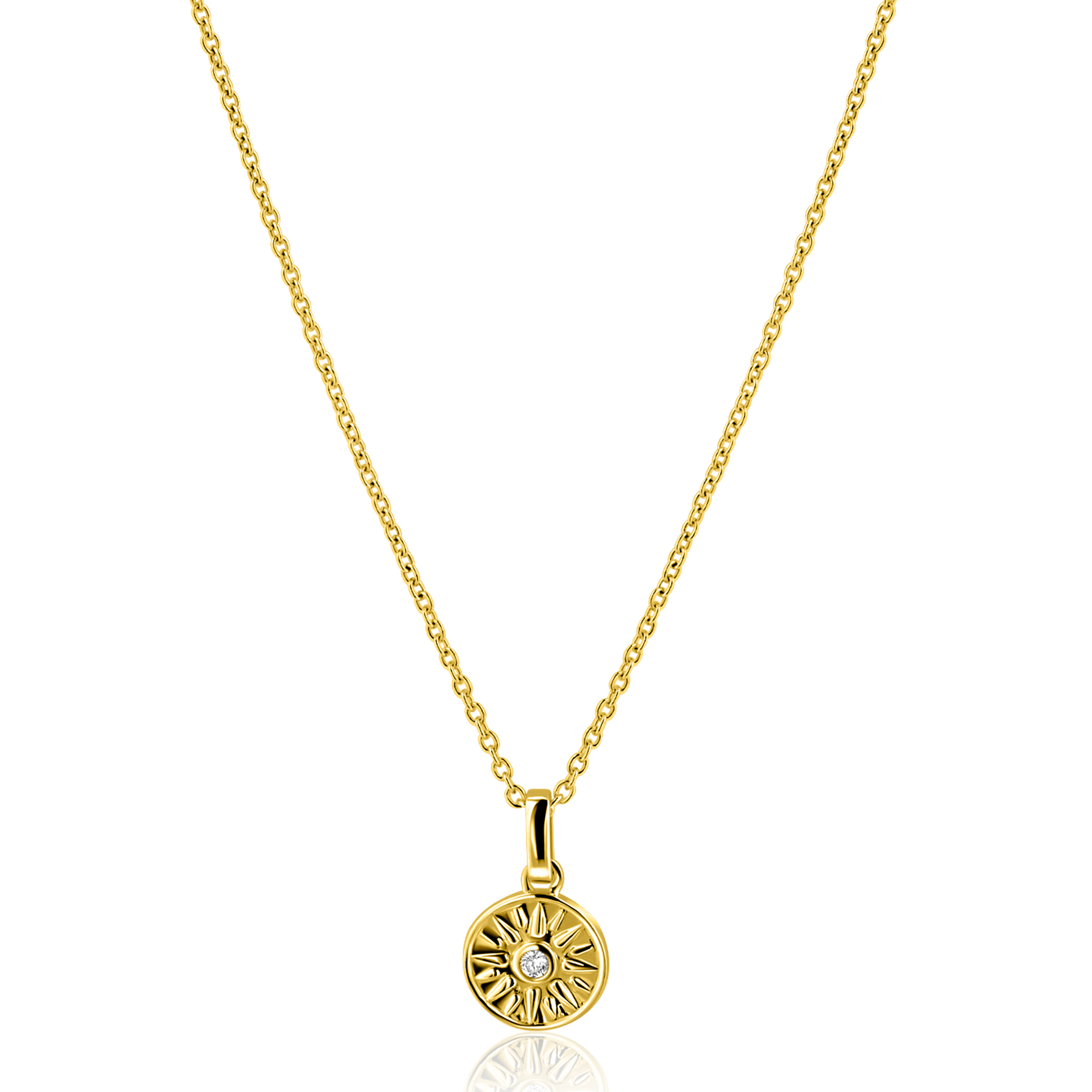 ZINZI gold plated zilveren ketting 42-45cm met zon hanger, bezet met witte zirkonia ZIC2741