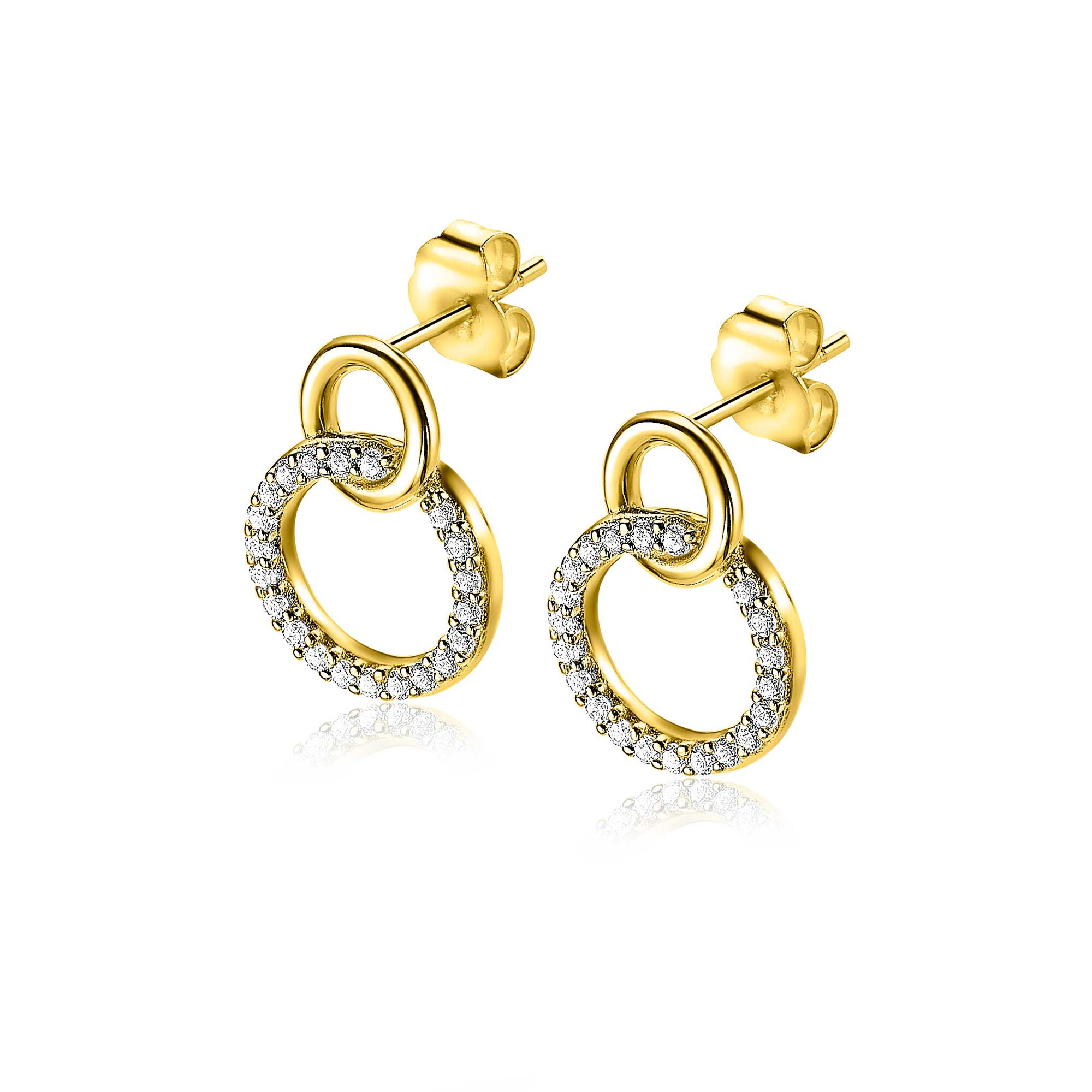 15mm ZINZI gold plated zilveren oorknoppen twee open rondjes verbonden en witte zirkonia's ZIO1782Y