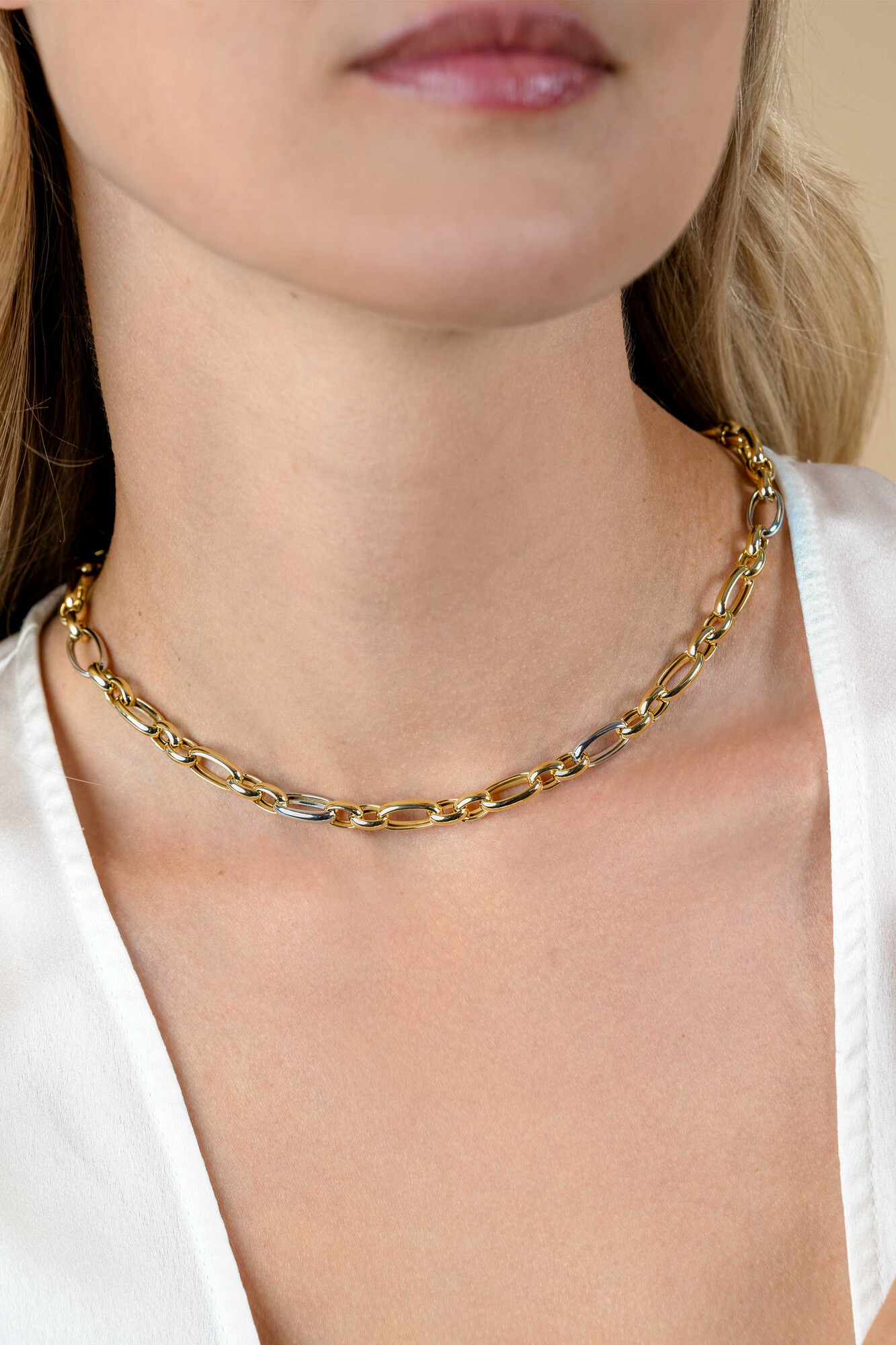 ZINZI bicolor schakelketting (7mm breed) met afwisselend gold plated jasseron schakels en grote zilveren ovale schakels 45cm ZIC2639