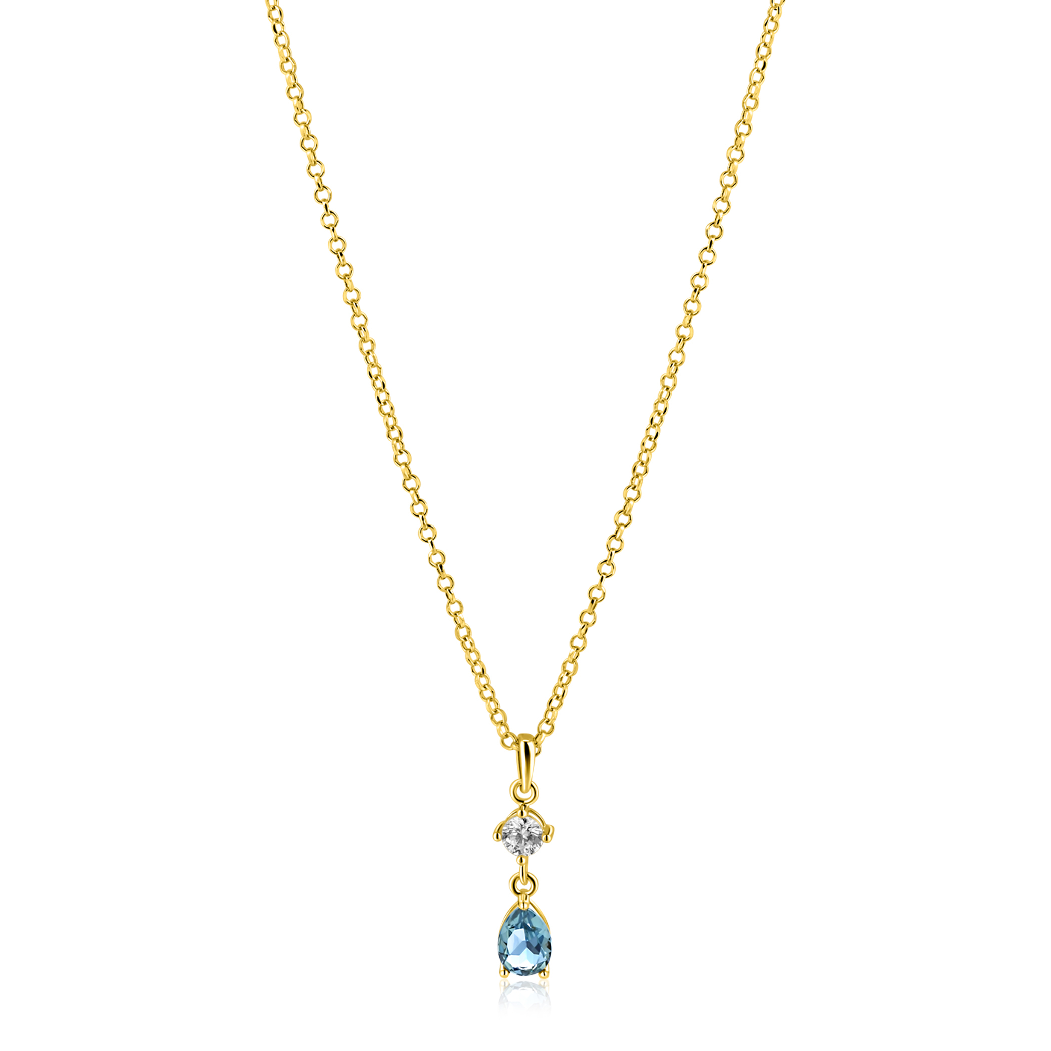 ZINZI gold plated zilveren ketting 42-45cm met luxe peervormige hanger met lichtblauwe kleursteen en witte zirkonia ZIC2744