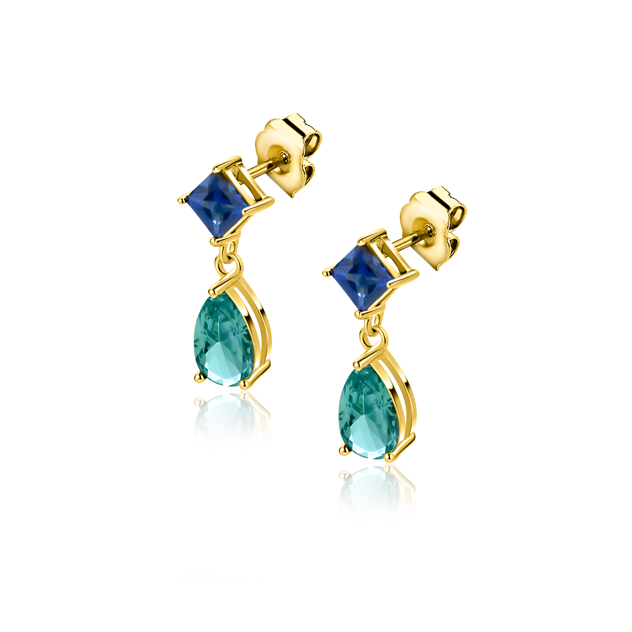17,5mm ZINZI gold plated zilveren oorstekers turquoise peer en blauwe ruitvorm ZIO2745