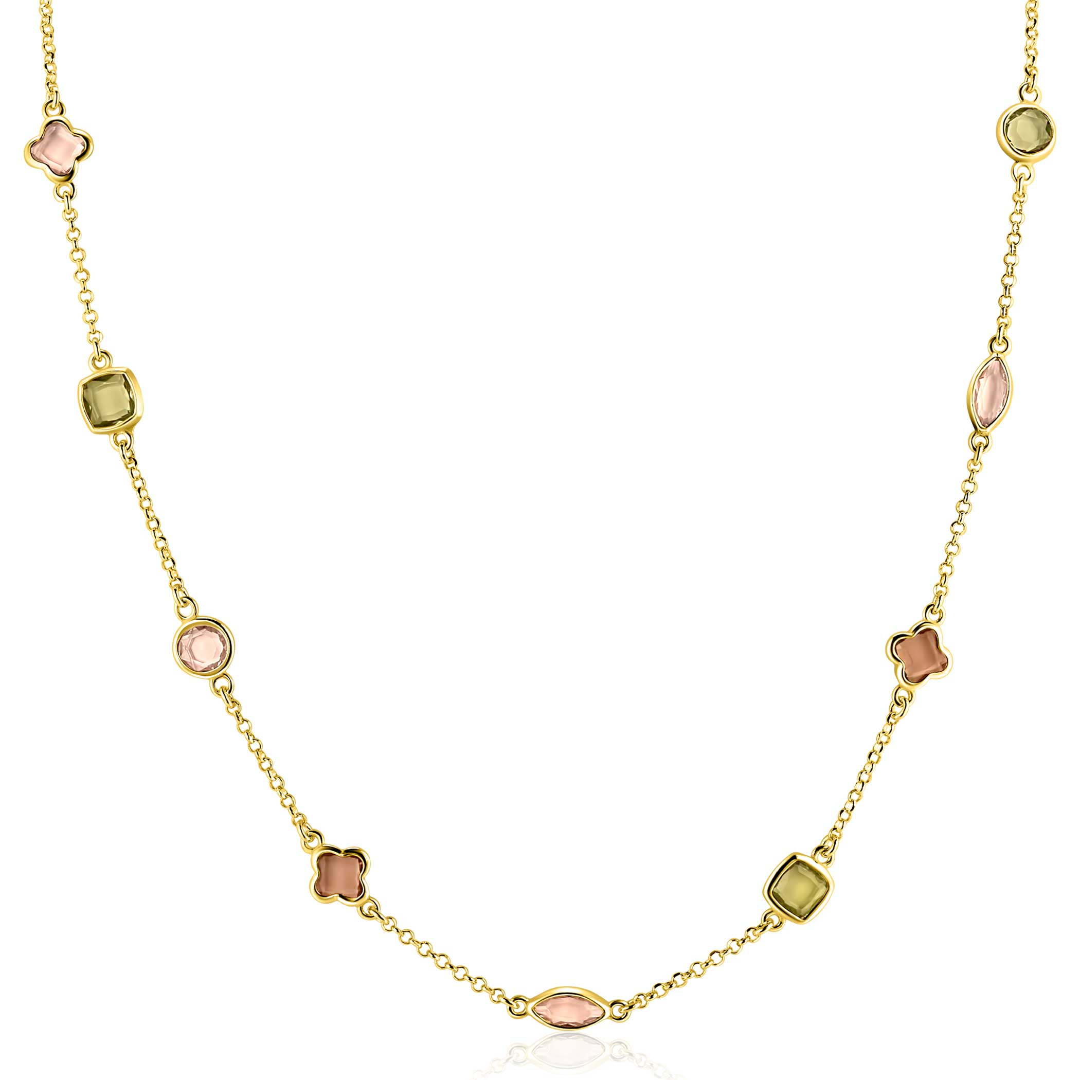 ZINZI gold plated zilveren fantasie collier 45cm met speelse vormen bruin en olijfgroen ZIC2771