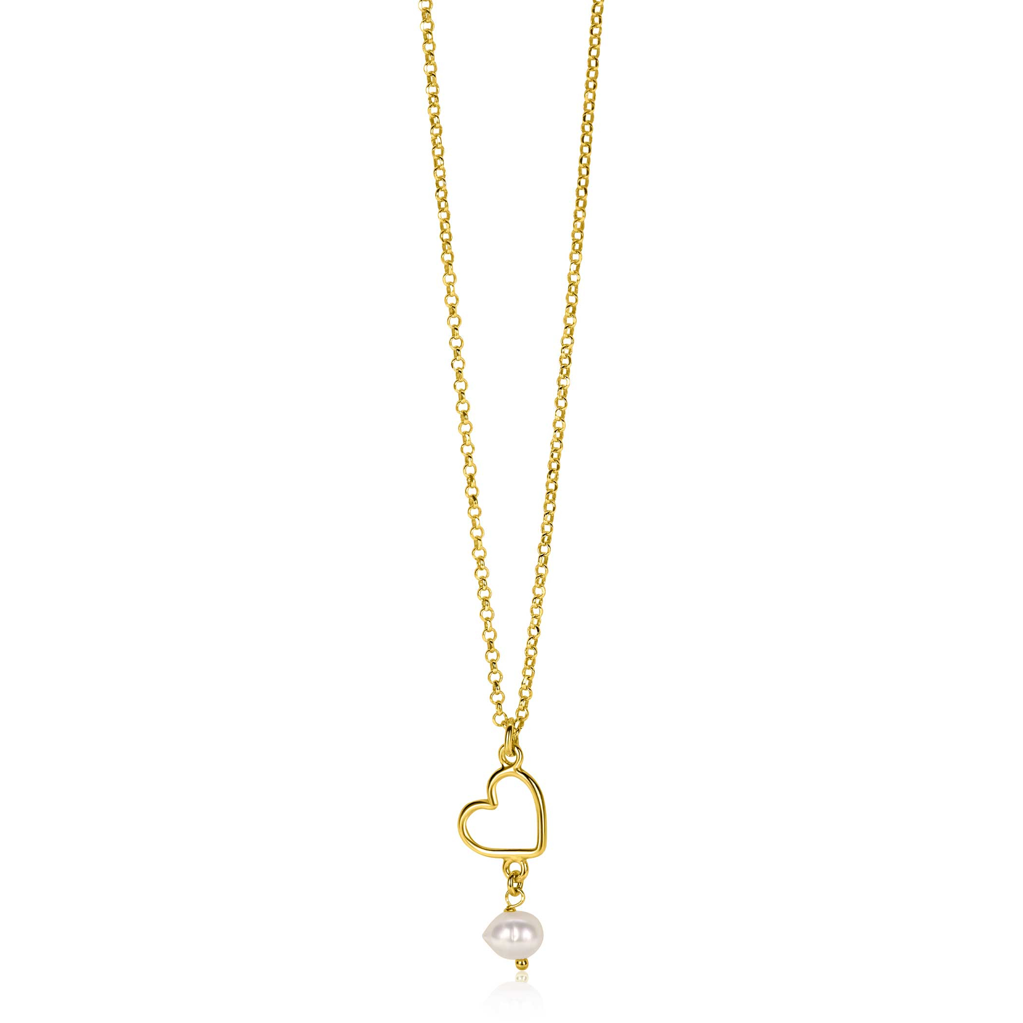 ZINZI gold plated zilveren ketting met open hartje en bungelend witte zoetwaterparel 40-45cm ZIC2642