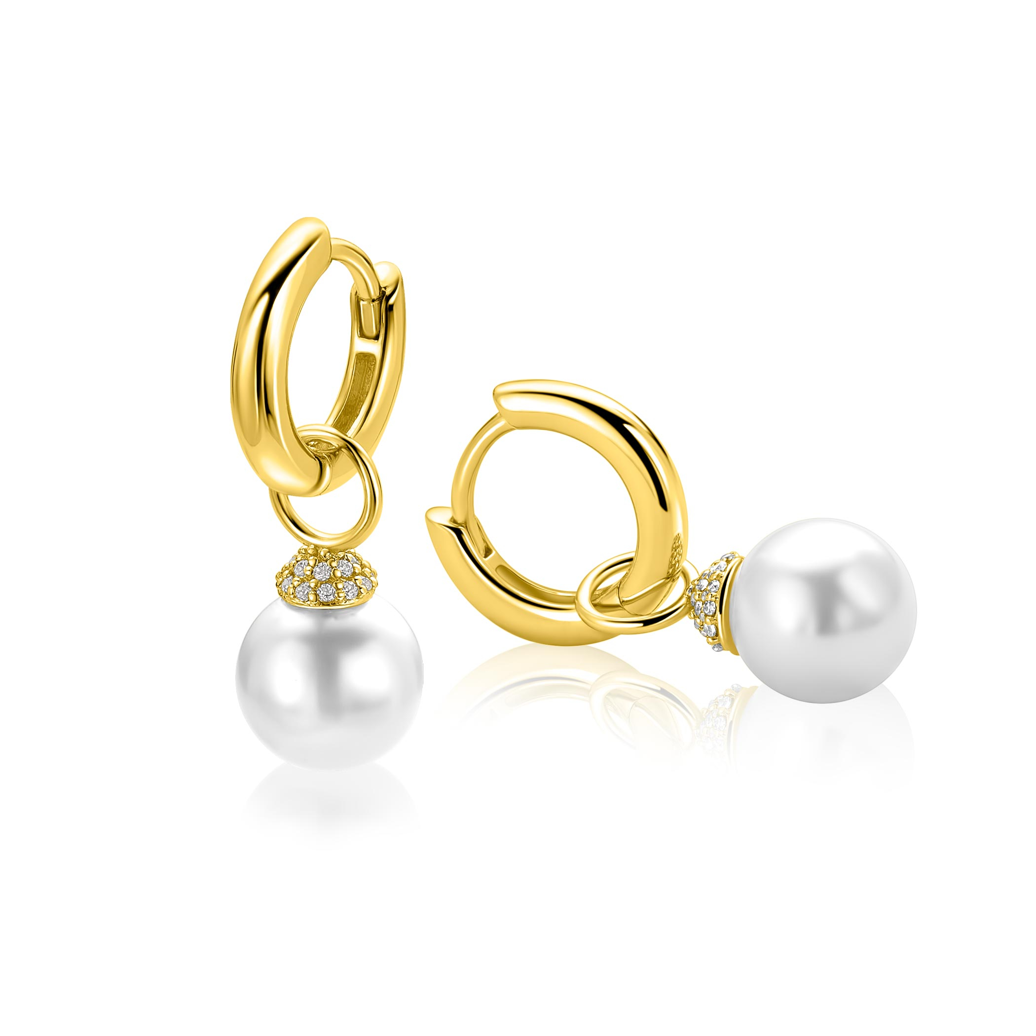 8mm ZINZI goldplated zilveren oorbedels met ronde witte parel en pavé gezette top met witte zirkonia’s ZICH2823Y (zonder oorringen)