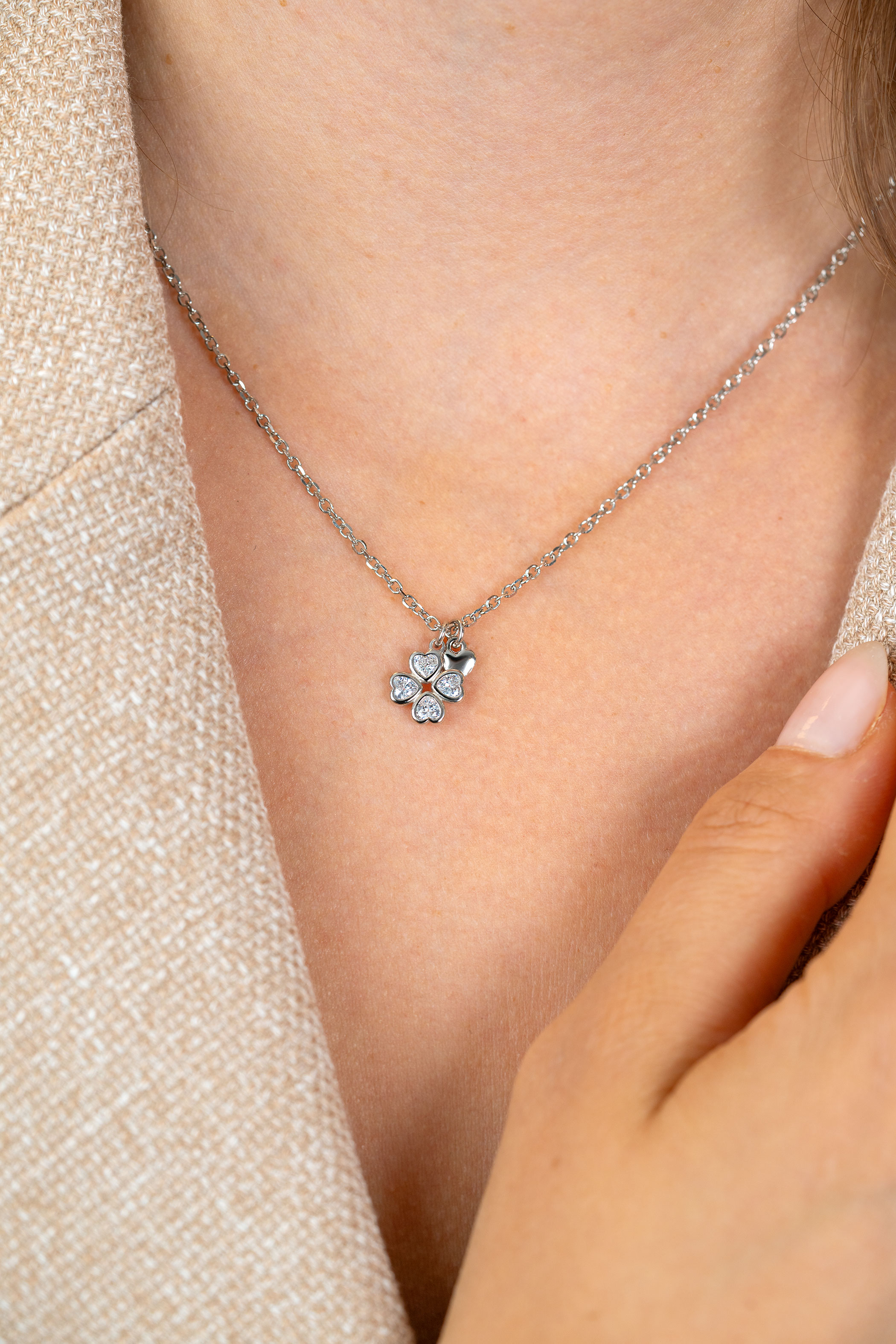 ZINZI zilveren ketting 45cm met klavertje vier en hartje hanger ZIC2783