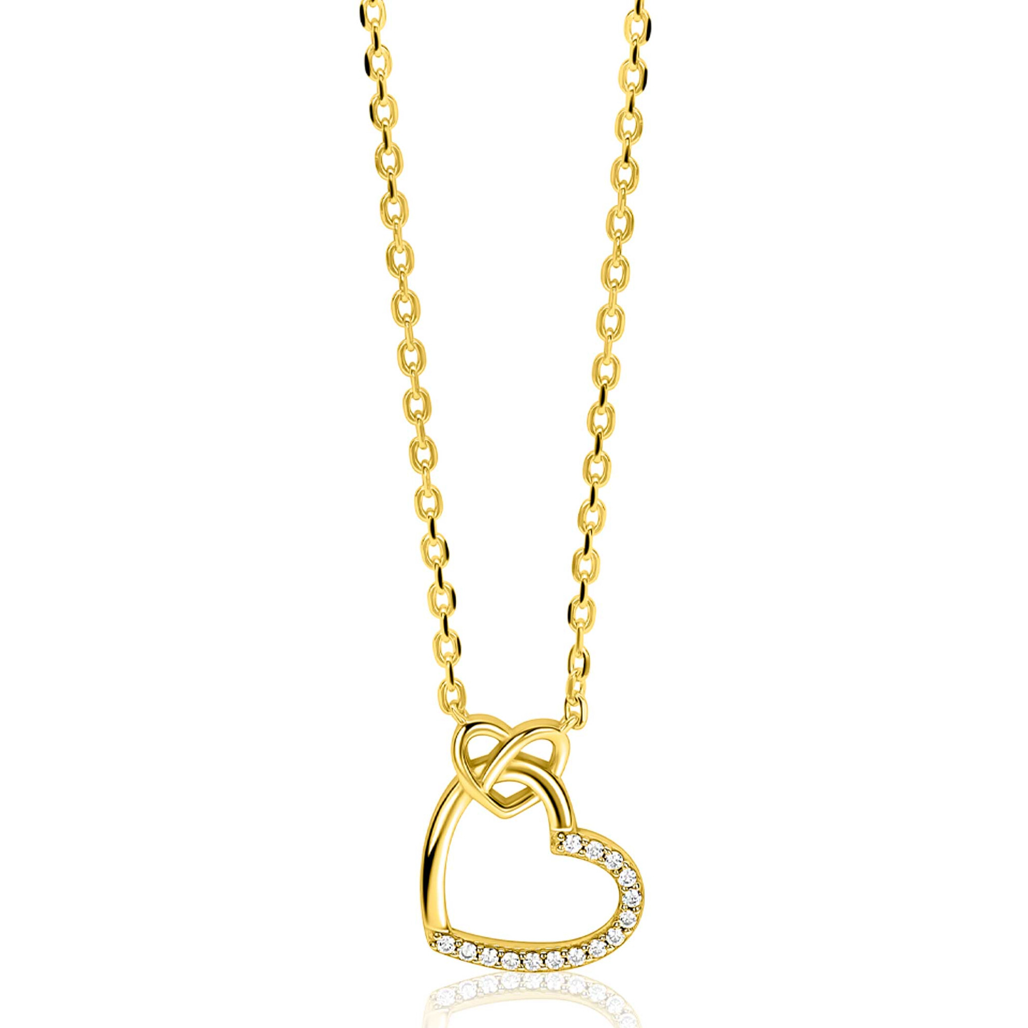ZINZI gold plated zilveren ketting met twee sierlijke harten die met elkaar verbonden zijn, ook bezet met witte zirkonia's 42-45cm ZIC2874Y