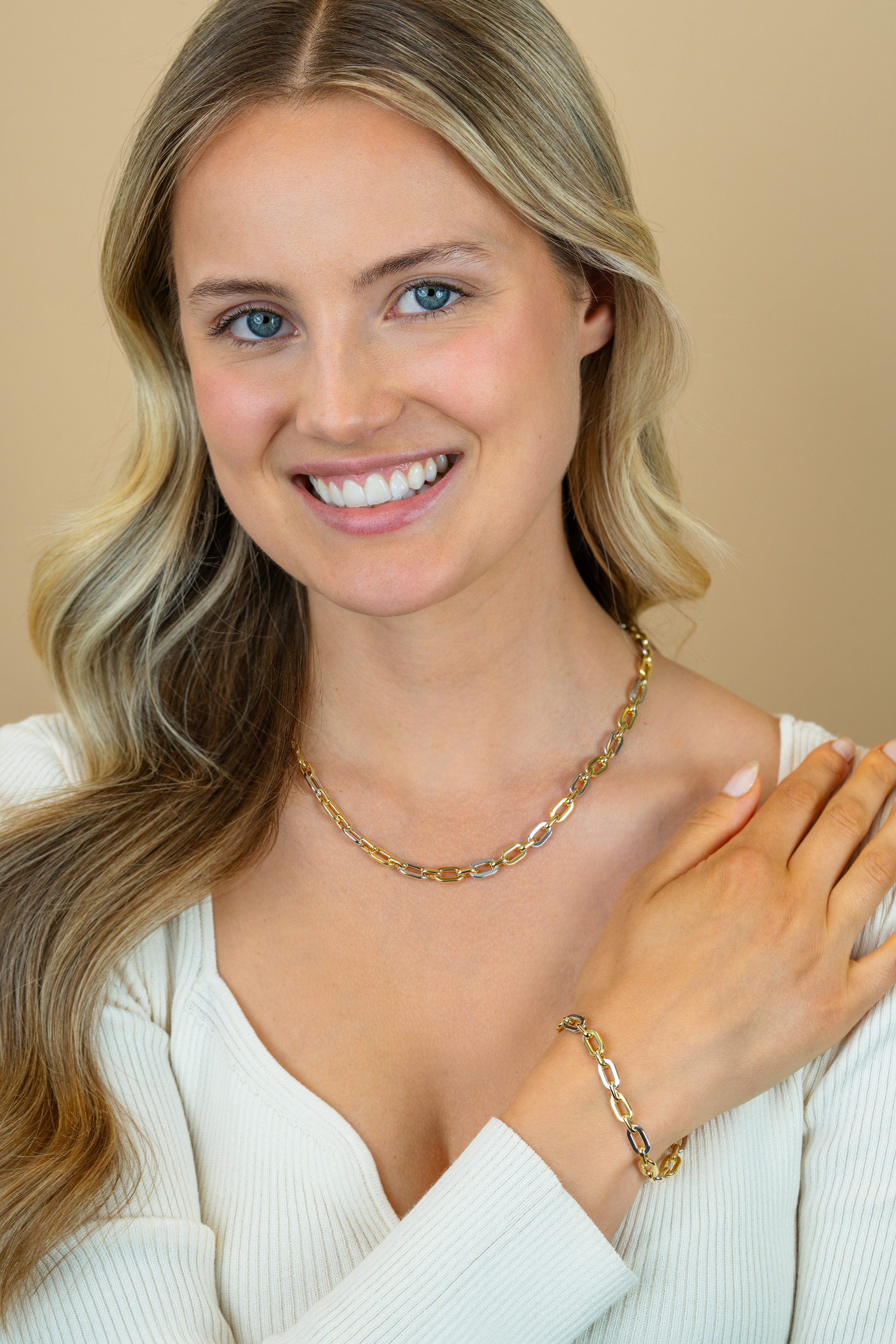 ZINZI gold plated zilveren schakelarmband met bicolor rechthoekige schakels (6,5mm breed) ZIA2757