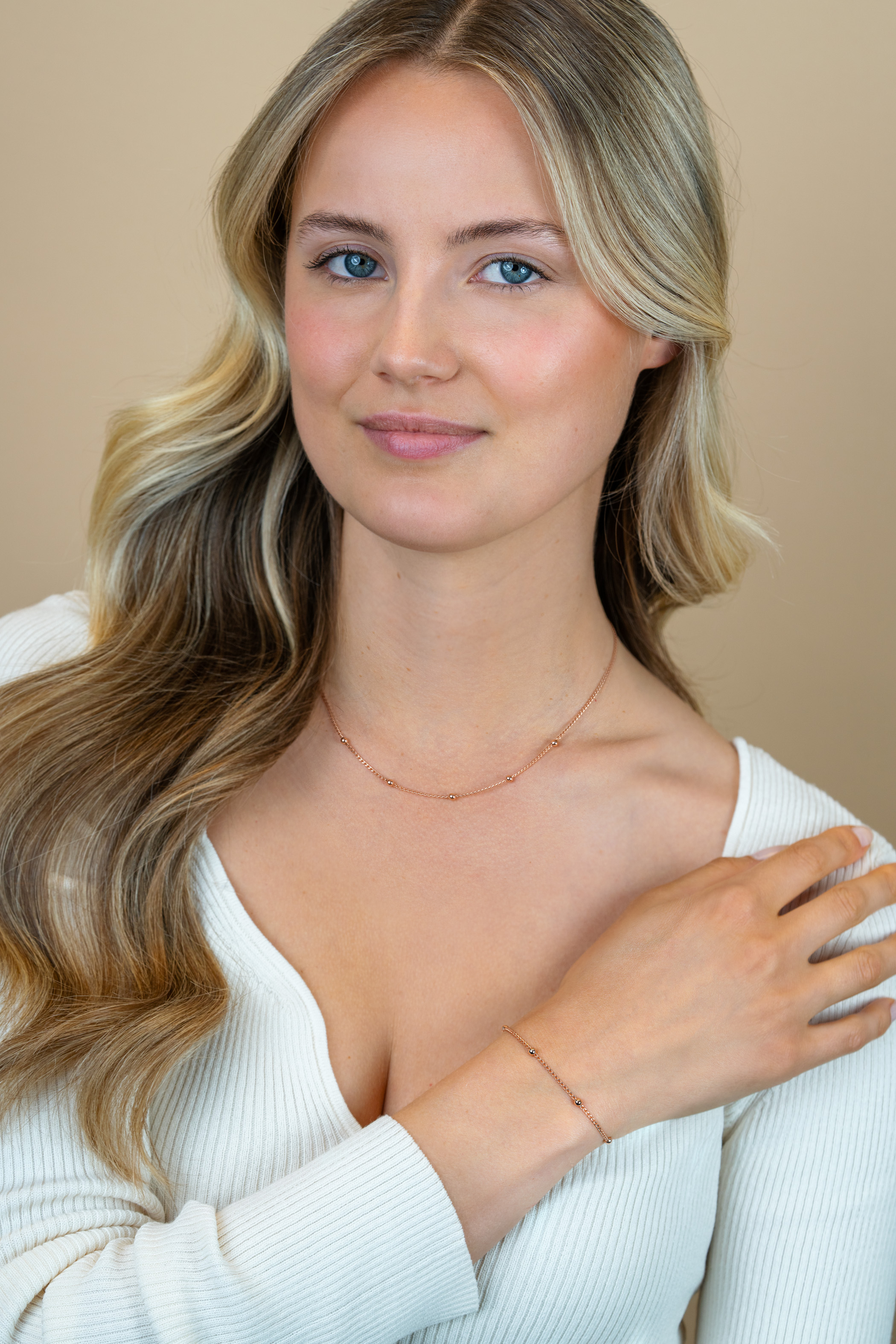 ZINZI rosé plated zilveren gourmet schakelarmband met vijf glanzende bolletjes (3mm breed) ZIA2714R