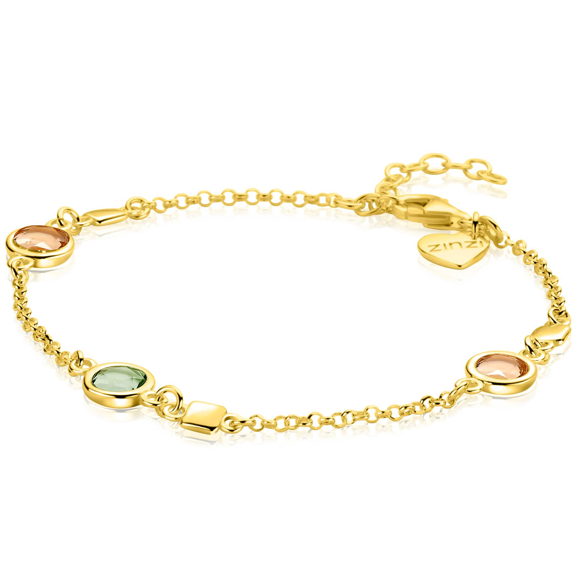 ZINZI gold plated zilveren armband met ronde kleurstenen in zachte groen- en champagnetinten, afgewisseld met vierkante plaatjes ZIA2907
