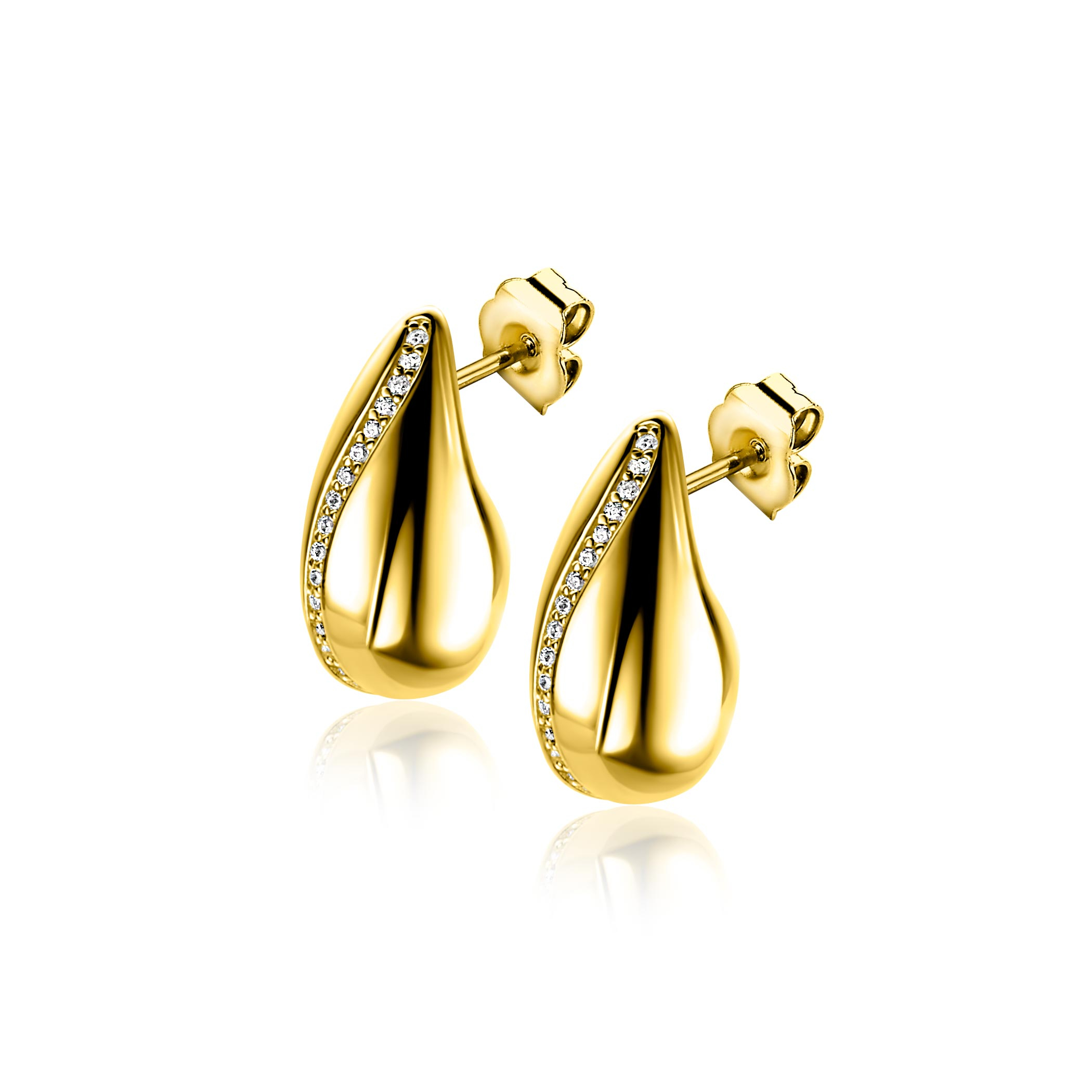17mm ZINZI gold plated zilveren oorstekers in druppelvorm met golvende rij witte zirkonia's ZIO2707Y