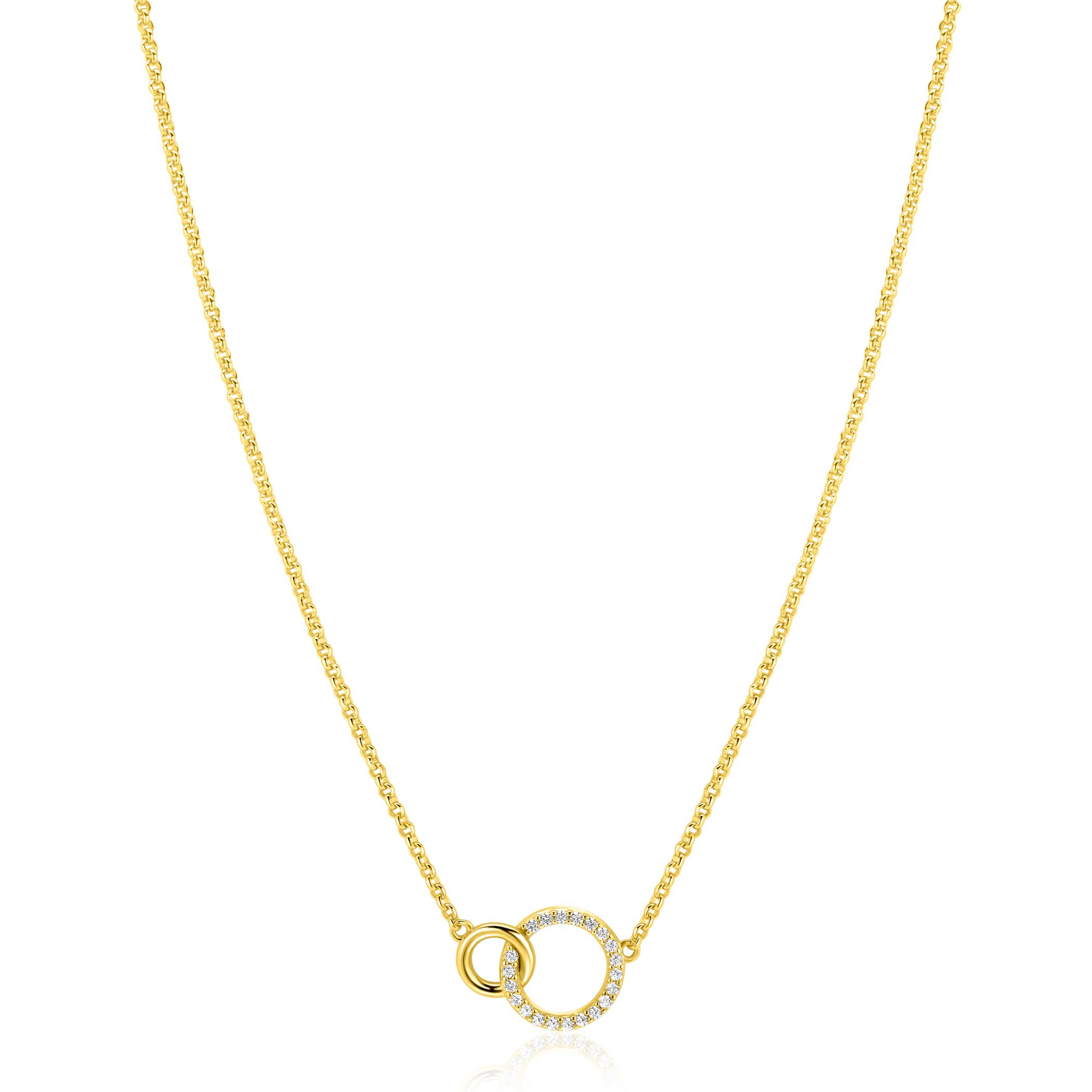 ZINZI goldplated zilveren ketting met twee verbonden ronde schakels witte zirconia's ZIC1782Y