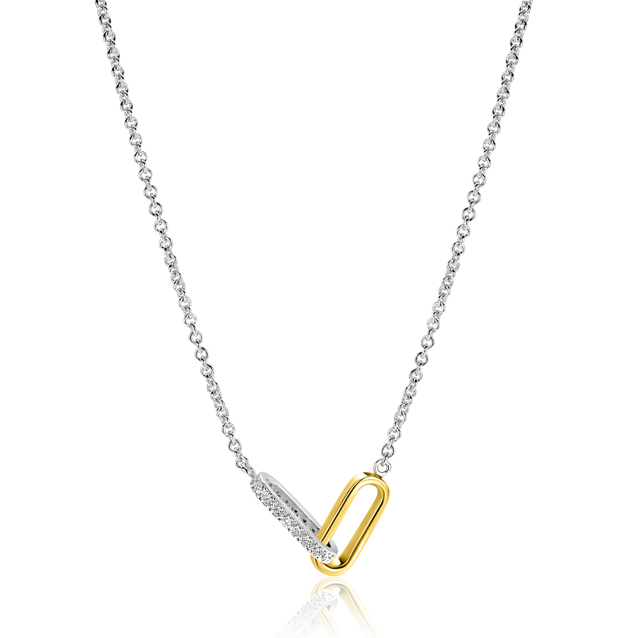 ZINZI zilveren schakelketting met twee verbonden ovale schakels: één gold plated, de ander bezet met witte zirkonia's 42-45cm ZIC2758