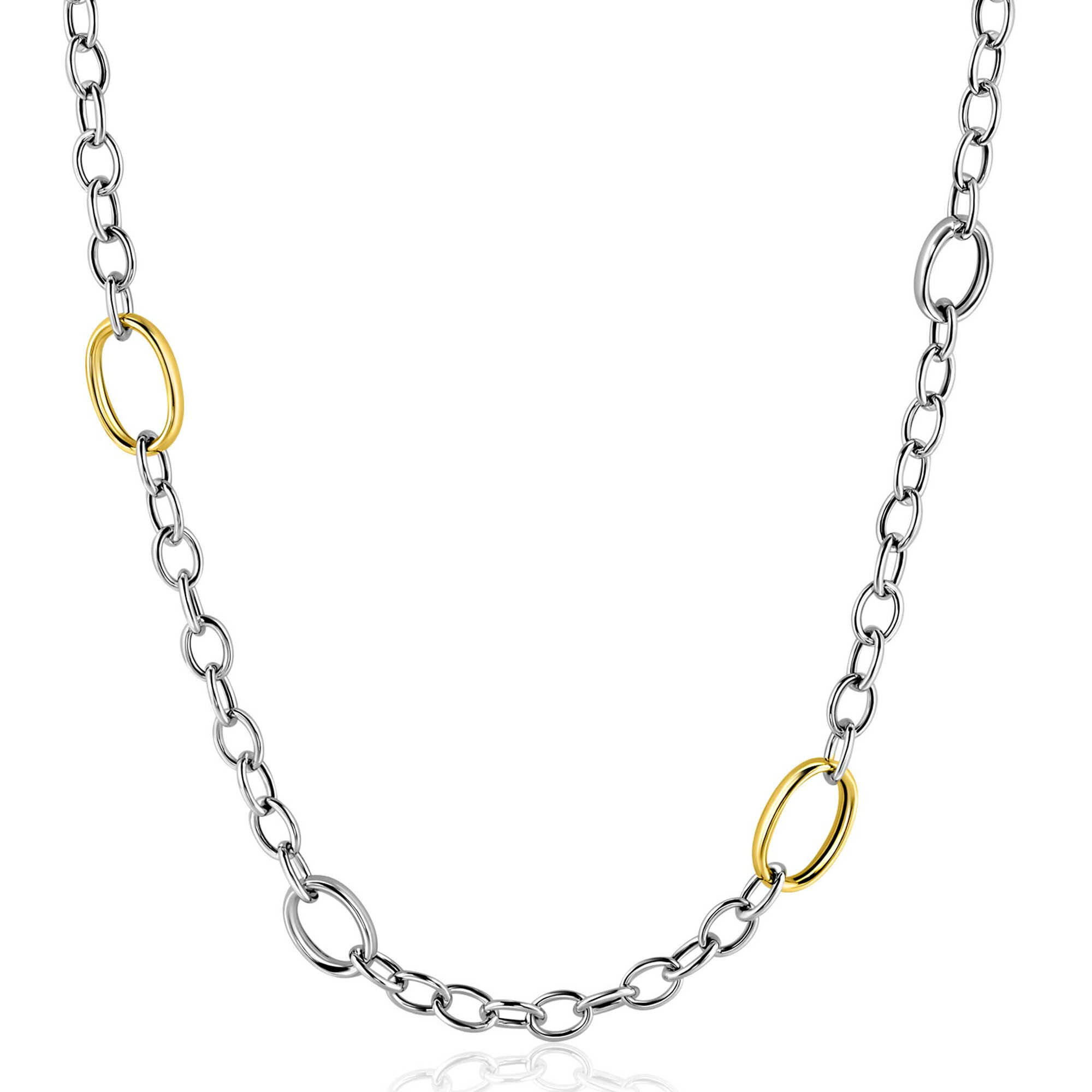 ZINZI bicolor zilveren schakelketting 70cm met drie ovale goldplated schakels ZIC2785