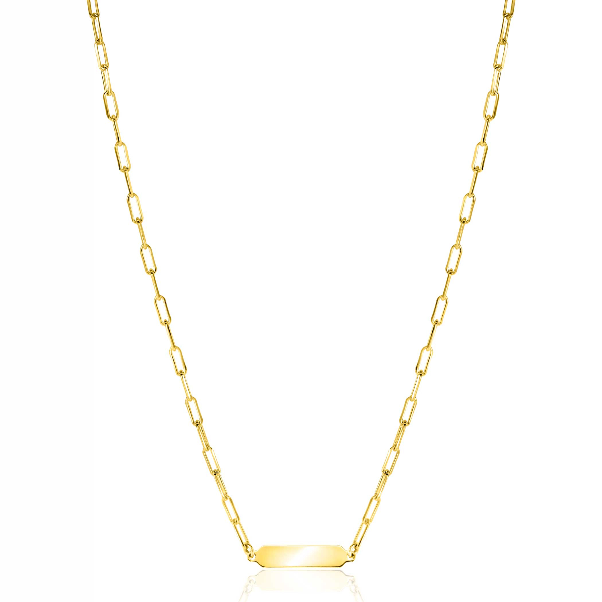 ZINZI gold plated zilveren ketting met paperclip-schakels en glanzend rechthoekig plaatje om te graveren 42-45cm ZIC2530G