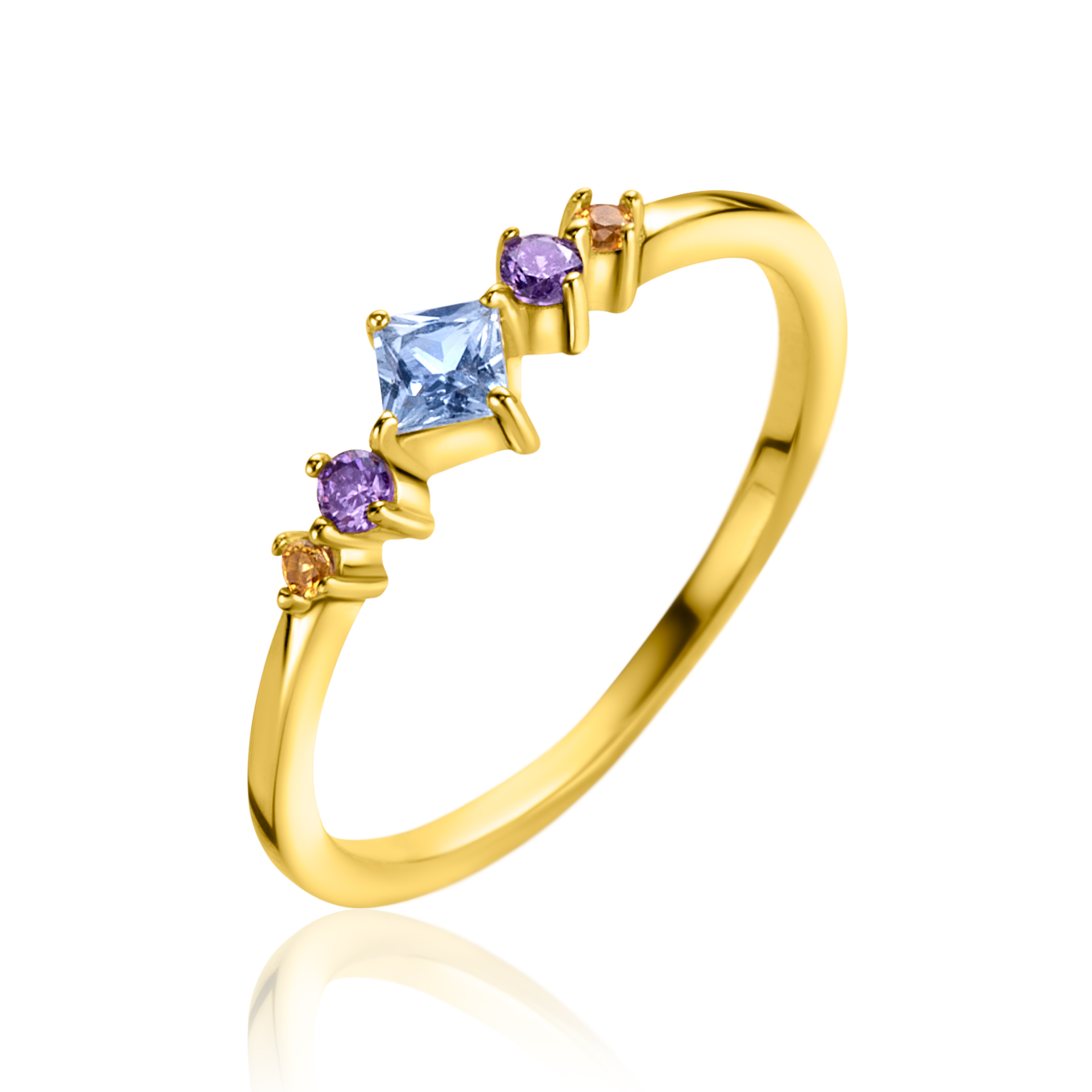 ZINZI gold plated zilveren ring met blauw, paars en champagne kleurstenen in ruitvorm ZIR2443C