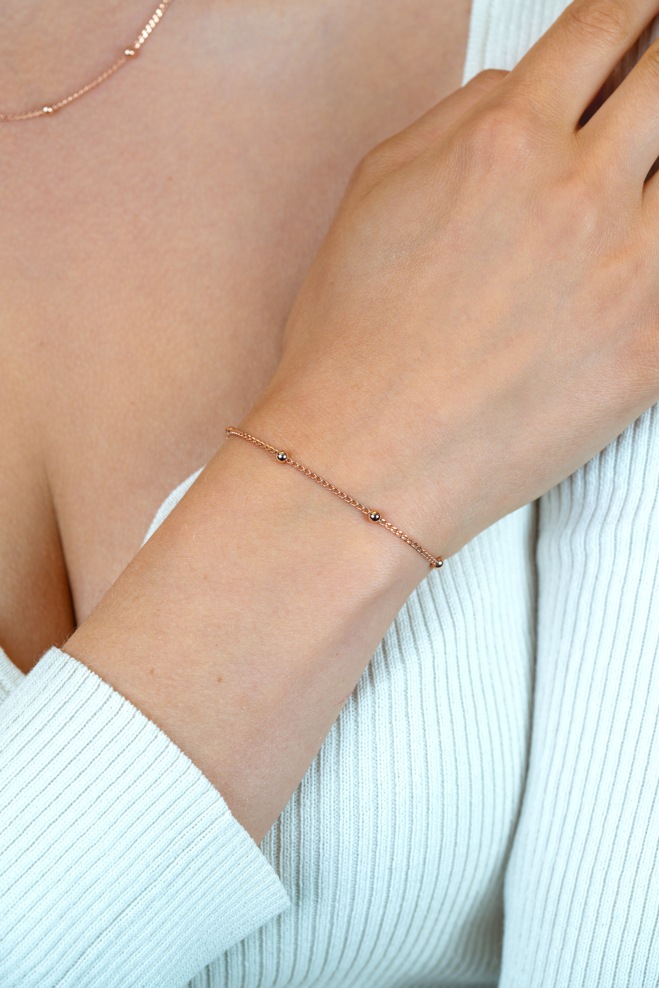 ZINZI rosé plated zilveren gourmet schakelarmband met vijf glanzende bolletjes (3mm breed) ZIA2714R