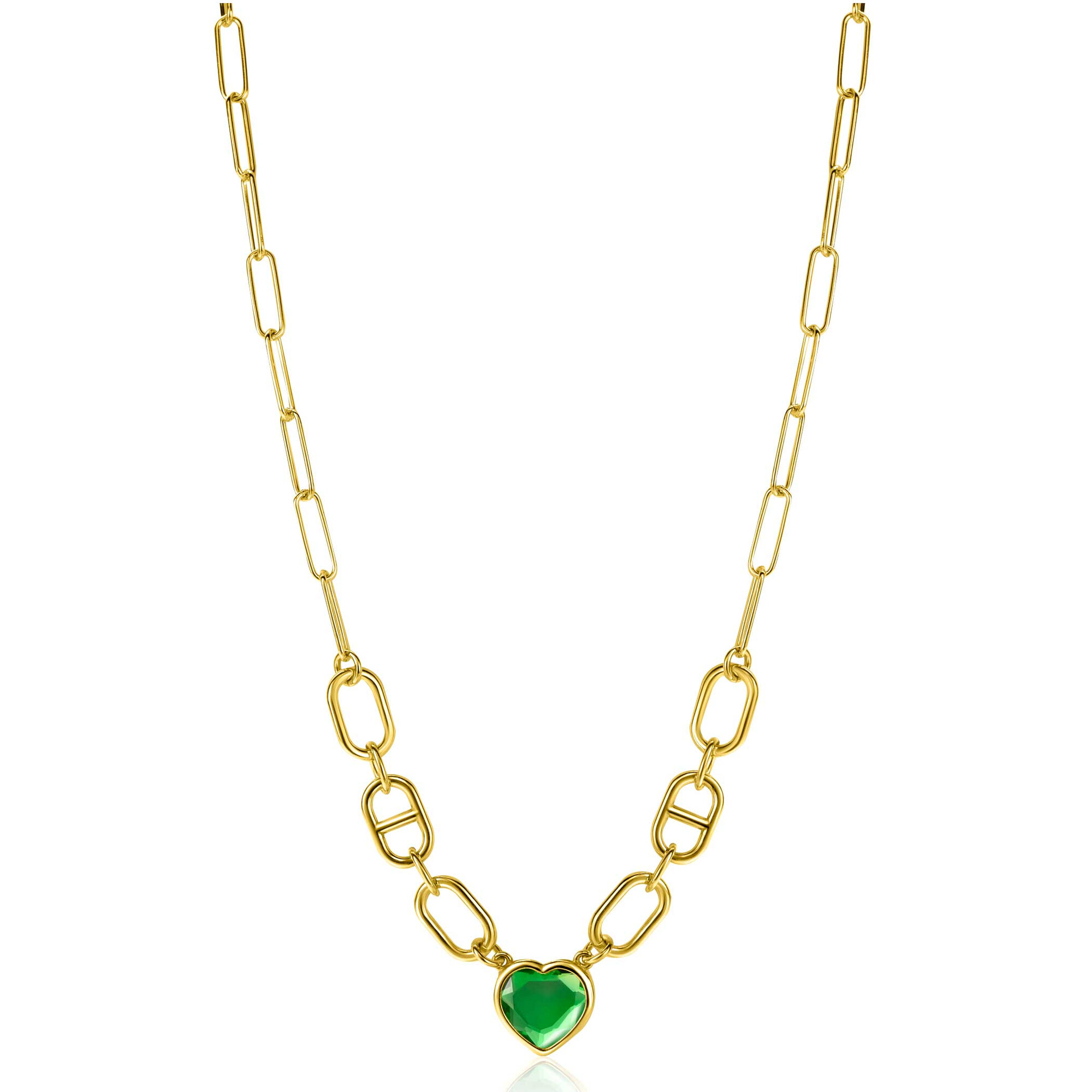 ZINZI gold plated zilveren ketting met trendy ovale en marine schakels, in het midden groot hartje bezet met groene kleursteen 39-43cm ZIC-BF68