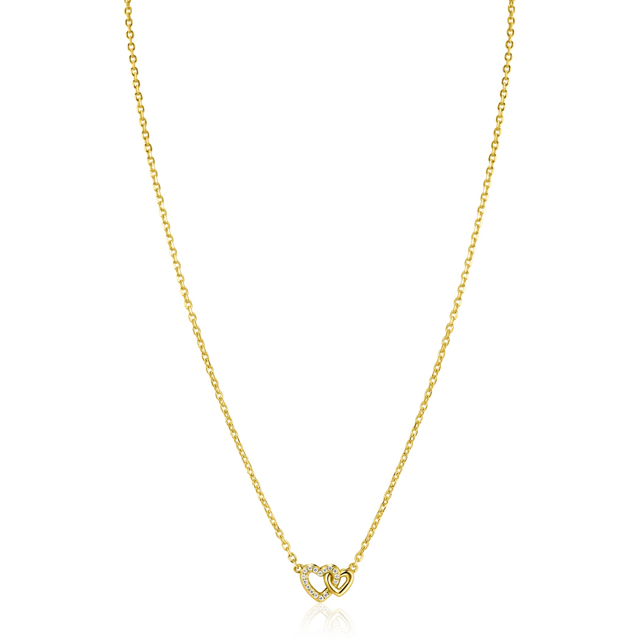 ZINZI gold plated zilveren ketting 42–45cm met verbonden hartjes, witte zirkonia's ZIC2493Y