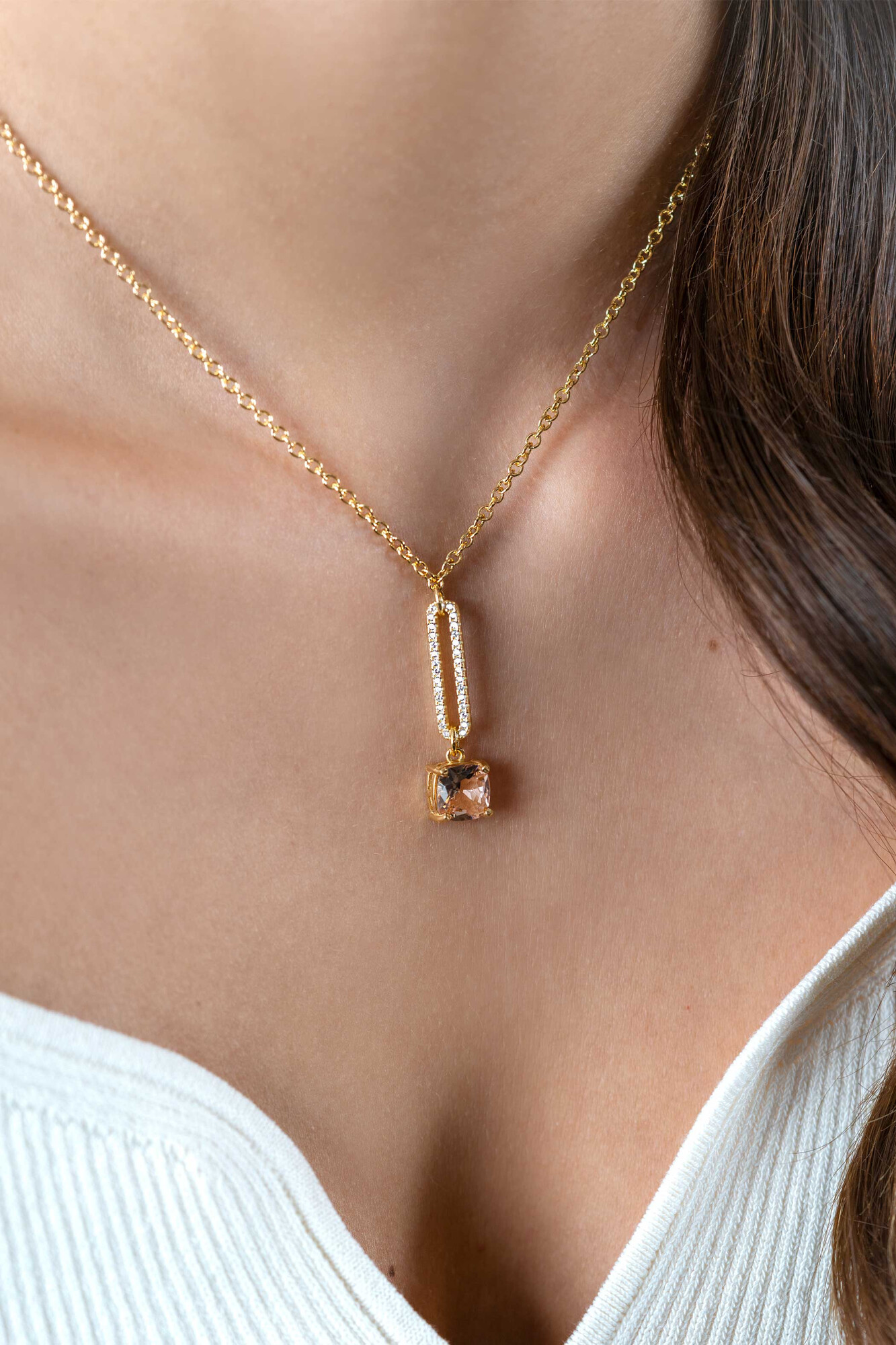 ZINZI gold plated zilveren jasseron ketting met schitterende open ovale vorm en vierkante hanger in licht roze 42-45cm ZIC2579
