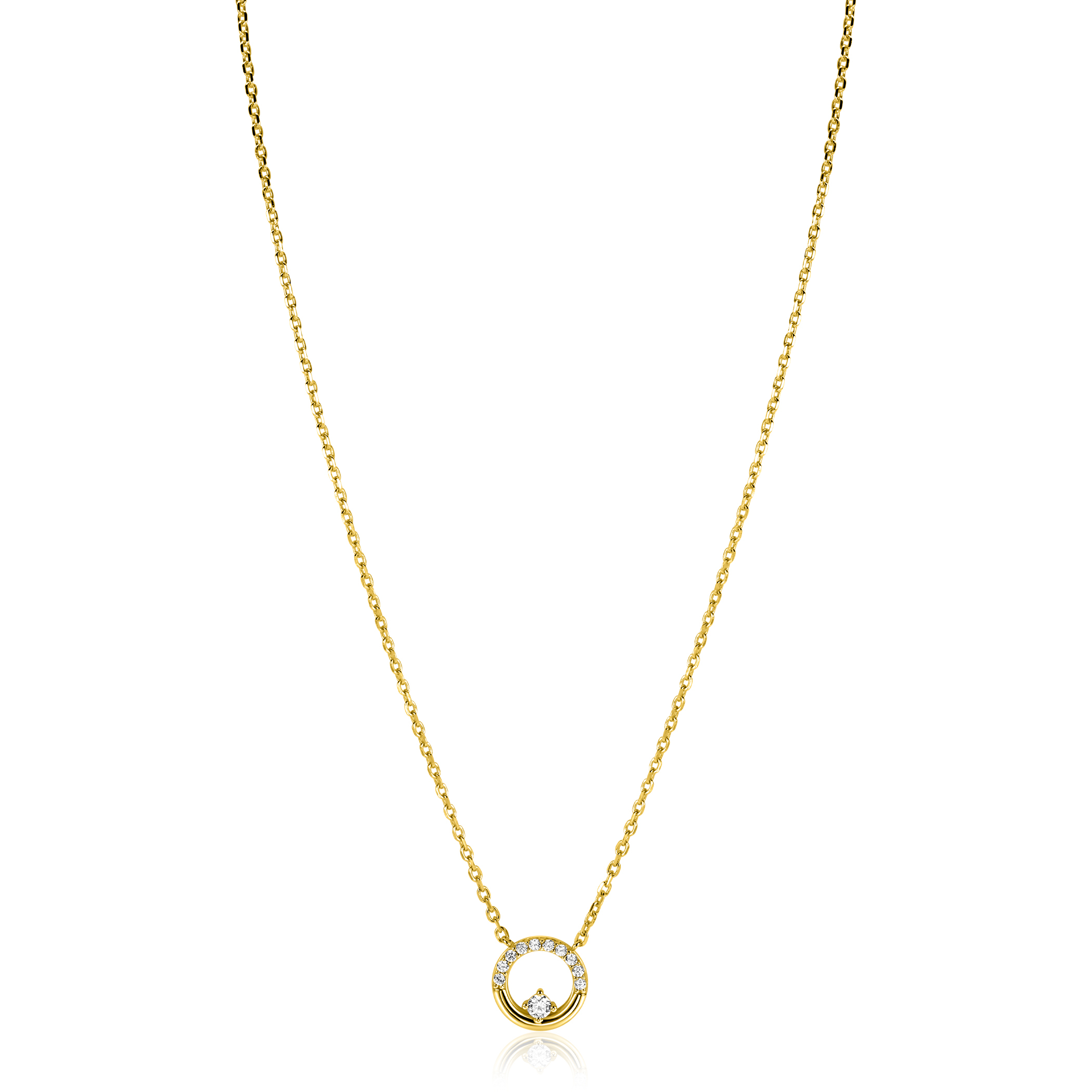 ZINZI gold plated zilveren ketting 42–45cm met ronde open hanger (12mm) en bezet met witte zirkonia's ZIC2725Y