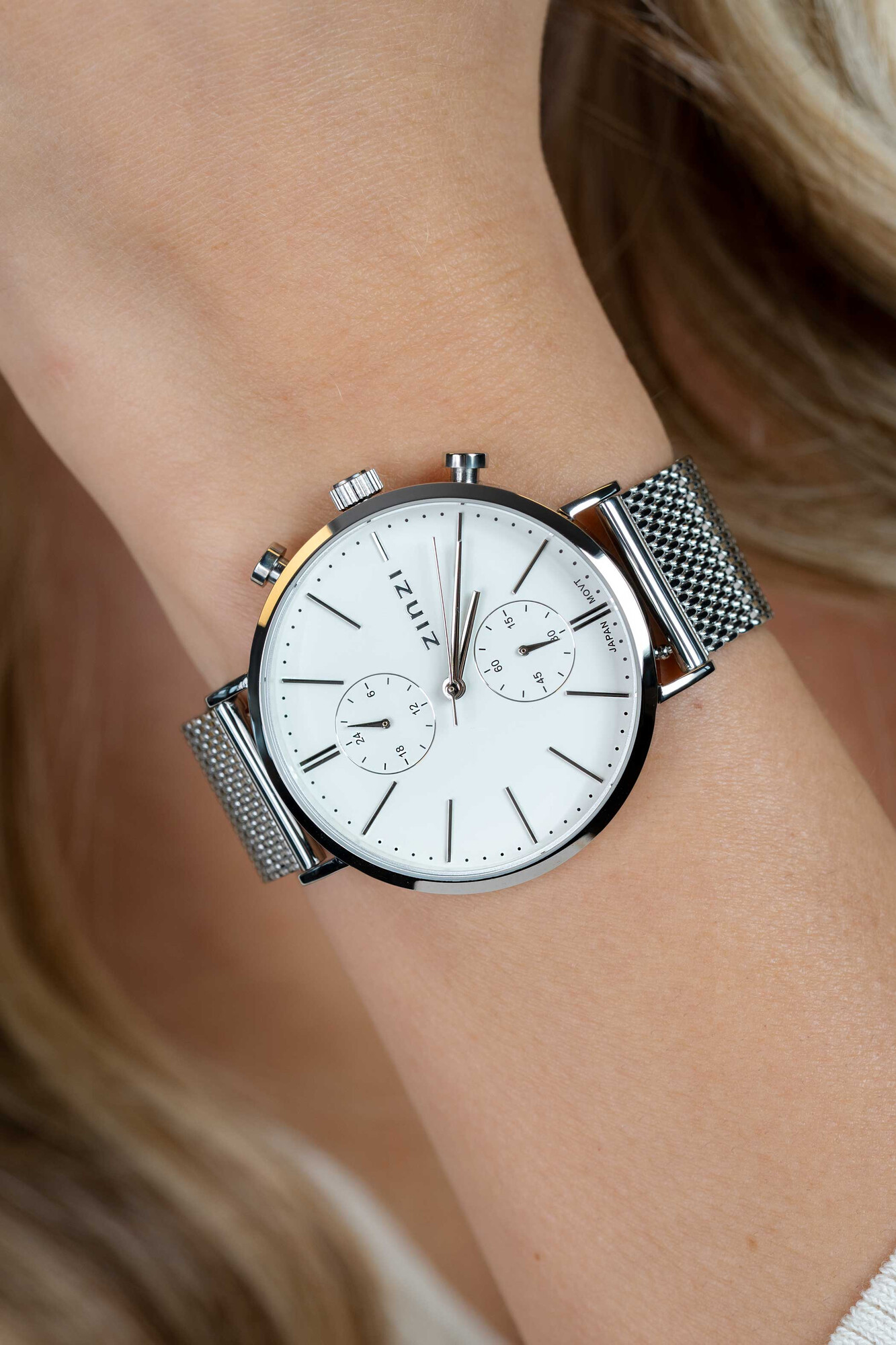 ZINZI watch Traveller witte wijzerplaat stalen kast met stalen mesh 39mm dual time ZIW740M