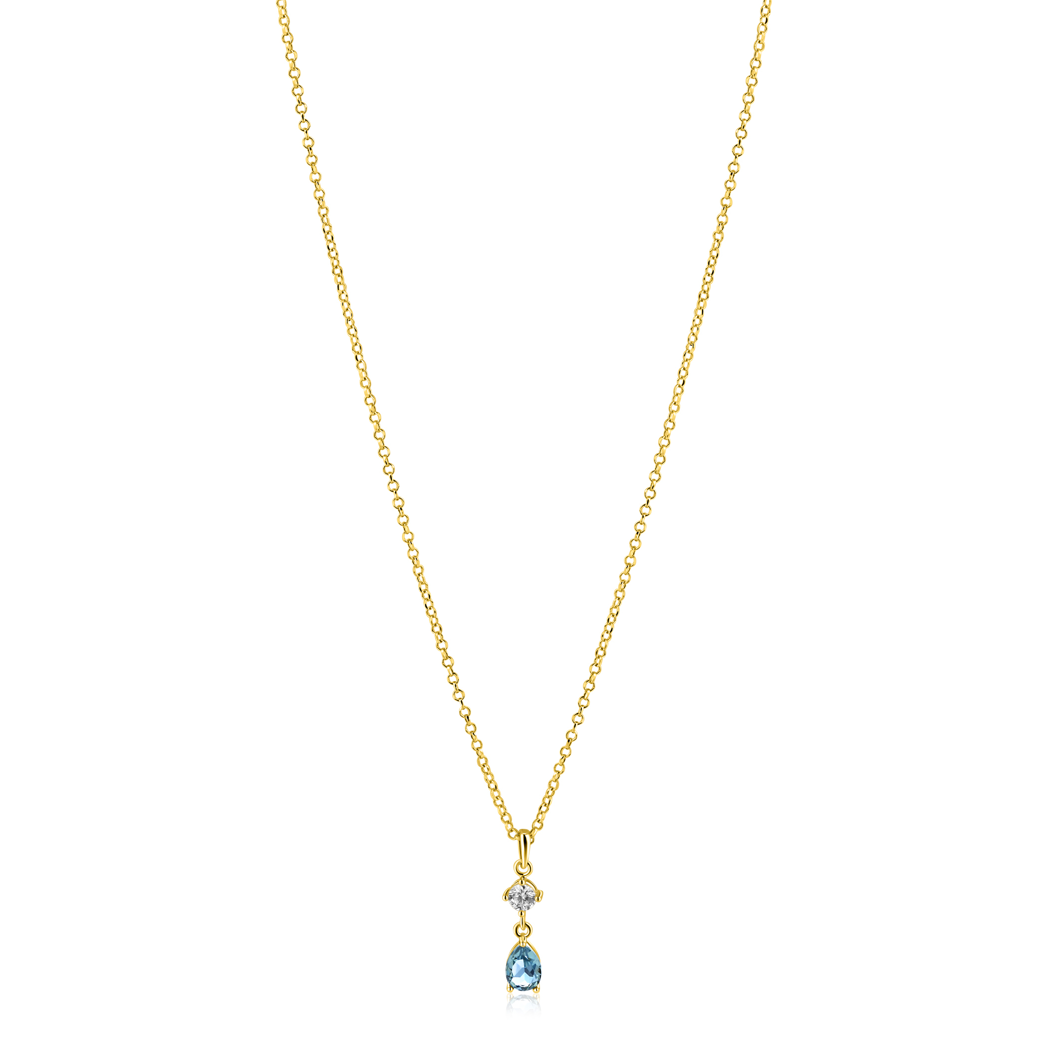 ZINZI gold plated zilveren ketting 42-45cm met luxe peervormige hanger met lichtblauwe kleursteen en witte zirkonia ZIC2744