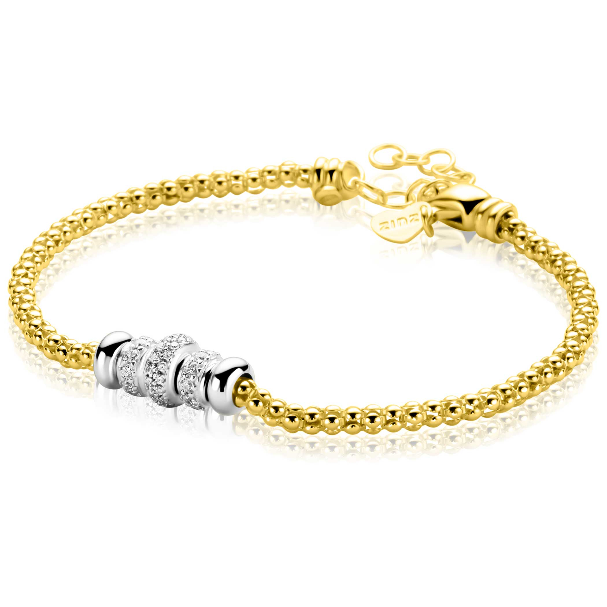 ZINZI goldplated zilveren popcorn schakelarmband met vijf sierlijke, beweegbare beads in zilver en wit zirkonia ZIA2779Y
