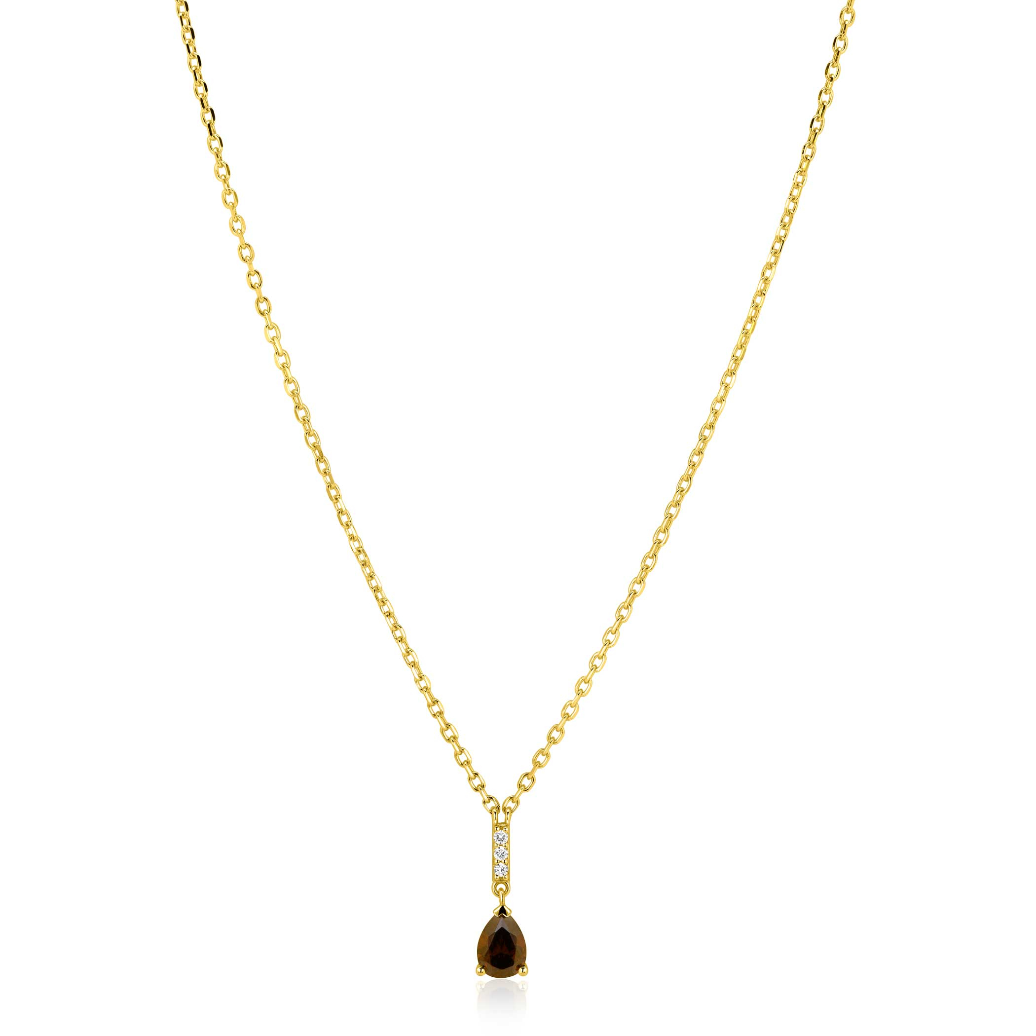 ZINZI goldplated zilveren ketting 45cm met bruine druppelvormige kleursteen ZIC2804