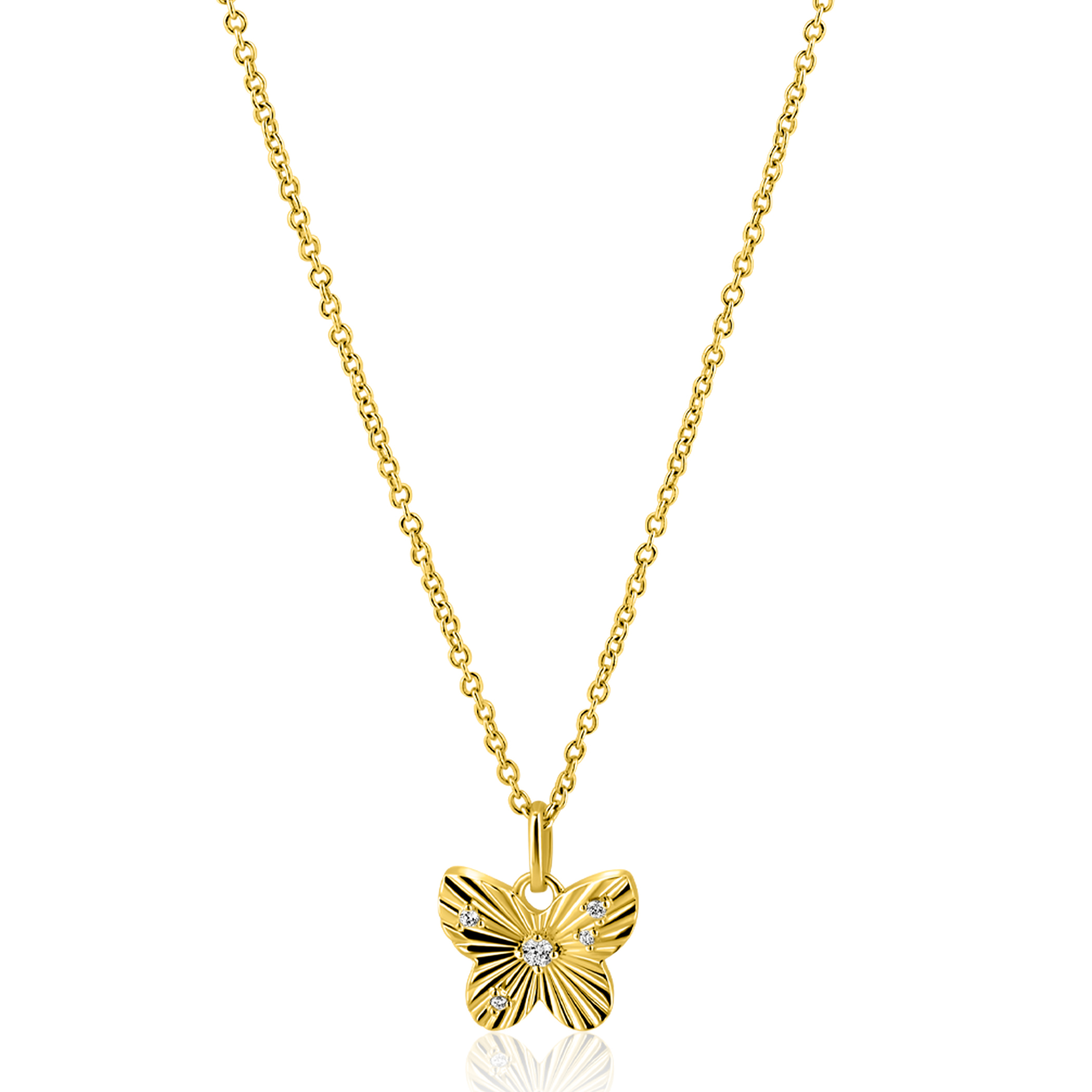 ZINZI gold plated zilveren ketting 42-45cm met vlinder hanger, bezet met witte zirkonia's ZIC2742