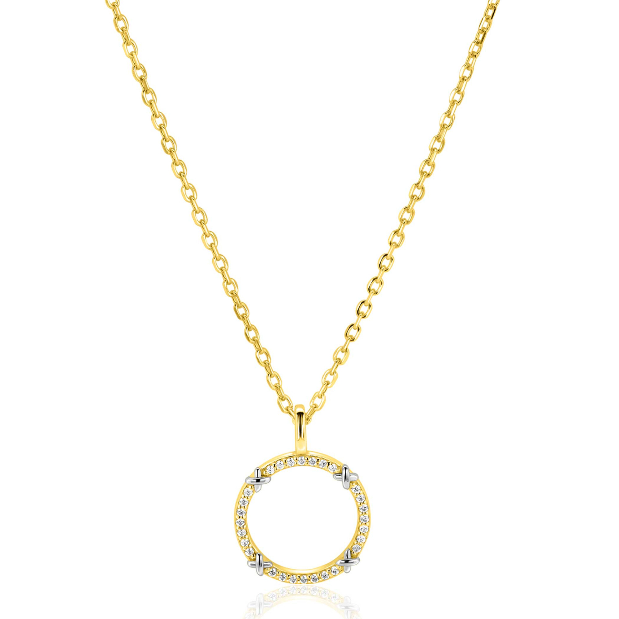 ZINZI goldplated zilveren ketting 45cm met open ronde hanger, verfraaid met X-details en witte zirkonia’s ZIC2814