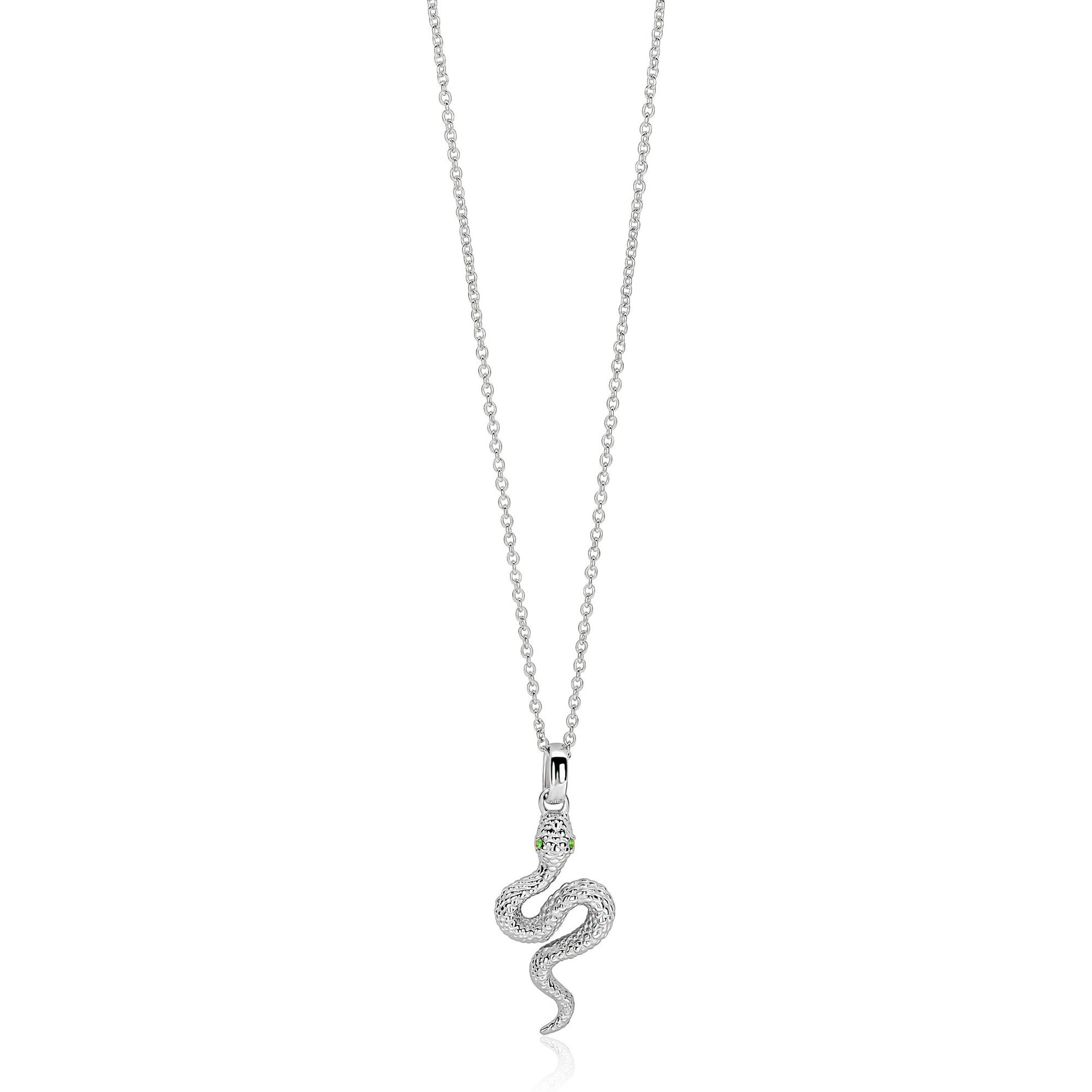ZINZI zilveren ketting met sierlijke slang hanger 13mm en ogen bezet met groene zirkonia's 42-45cm ZIC-BF148
