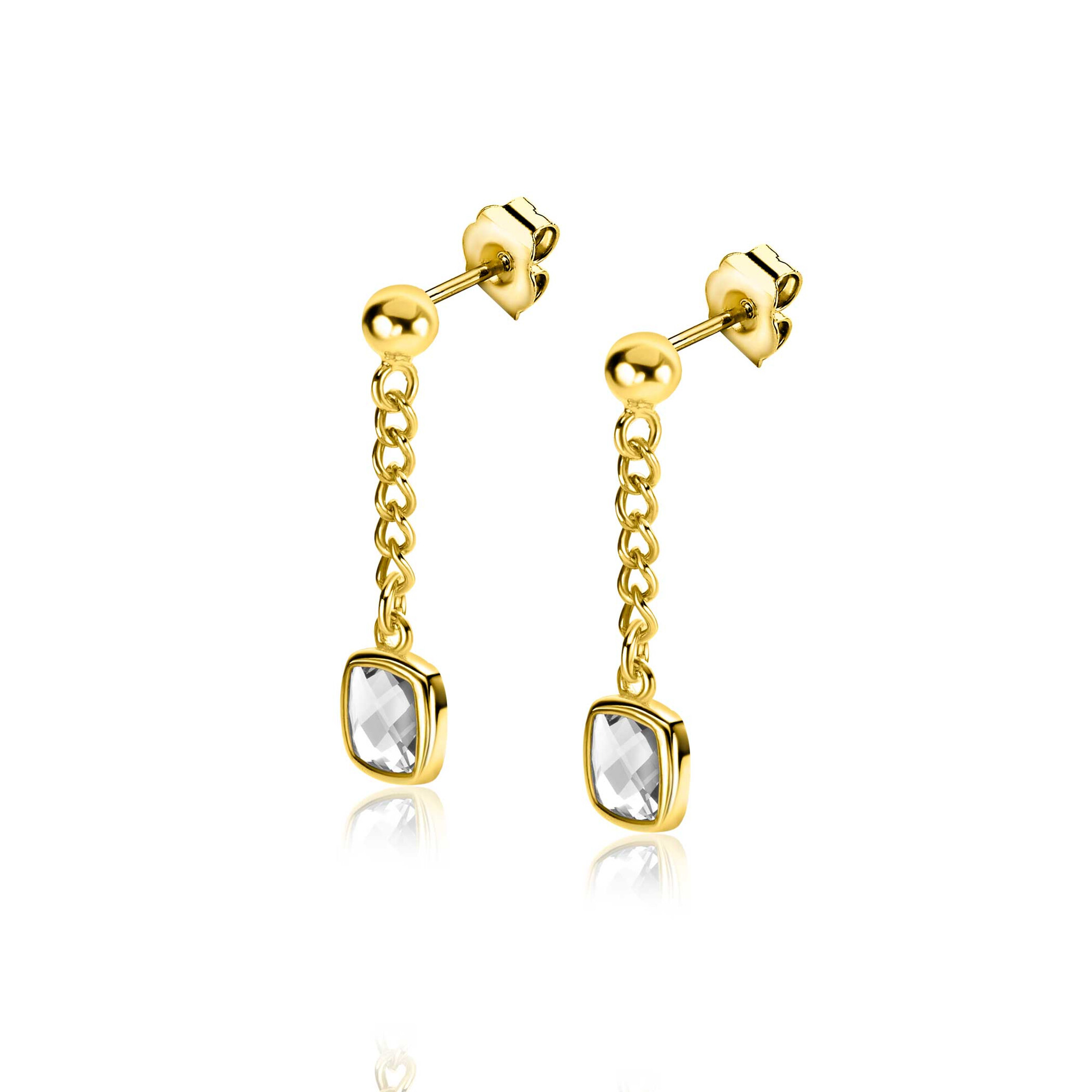 25mm ZINZI gold plated zilveren oorstekers met gourmet kettinkje en vierkante zetting bezet met witte zirconia ZIO2417Y
