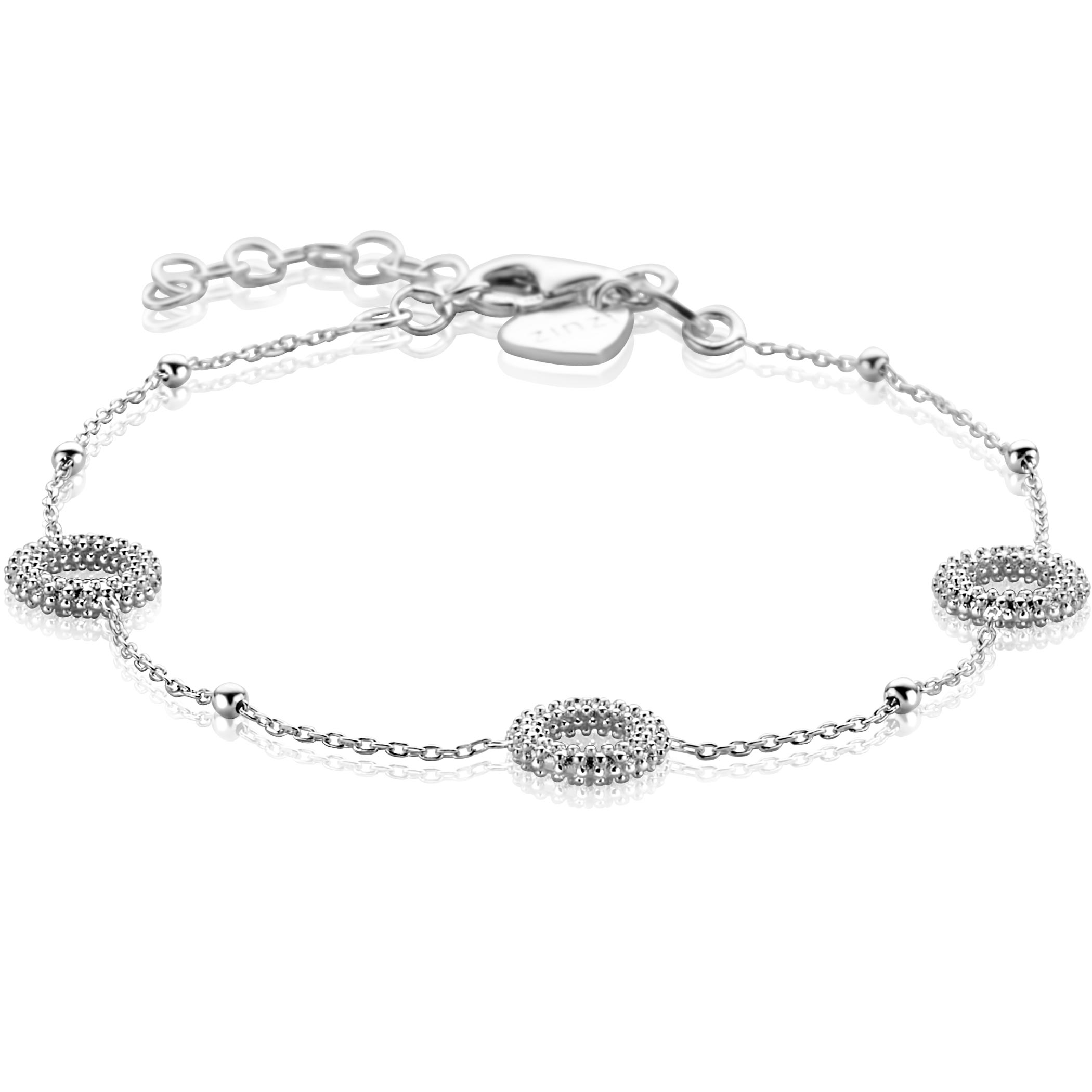 ZINZI zilveren armband met drie open rondjes (8,5mm) voorzien van een bolstructuur 17-20cm ZIA2704