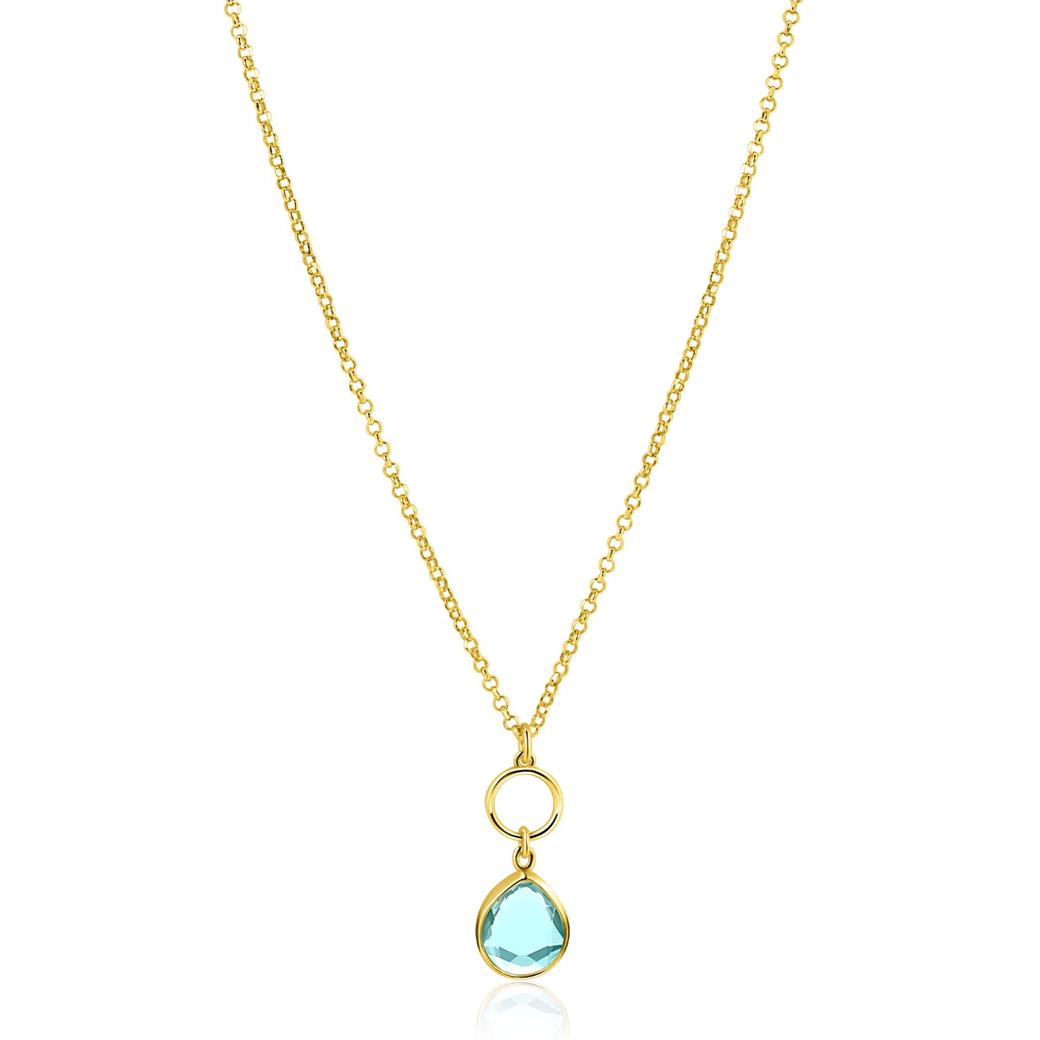 ZINZI gold plated zilveren ketting met open rondje en ovale hanger, bezet met turquoise kleursteen 40-45cm ZIC2716G