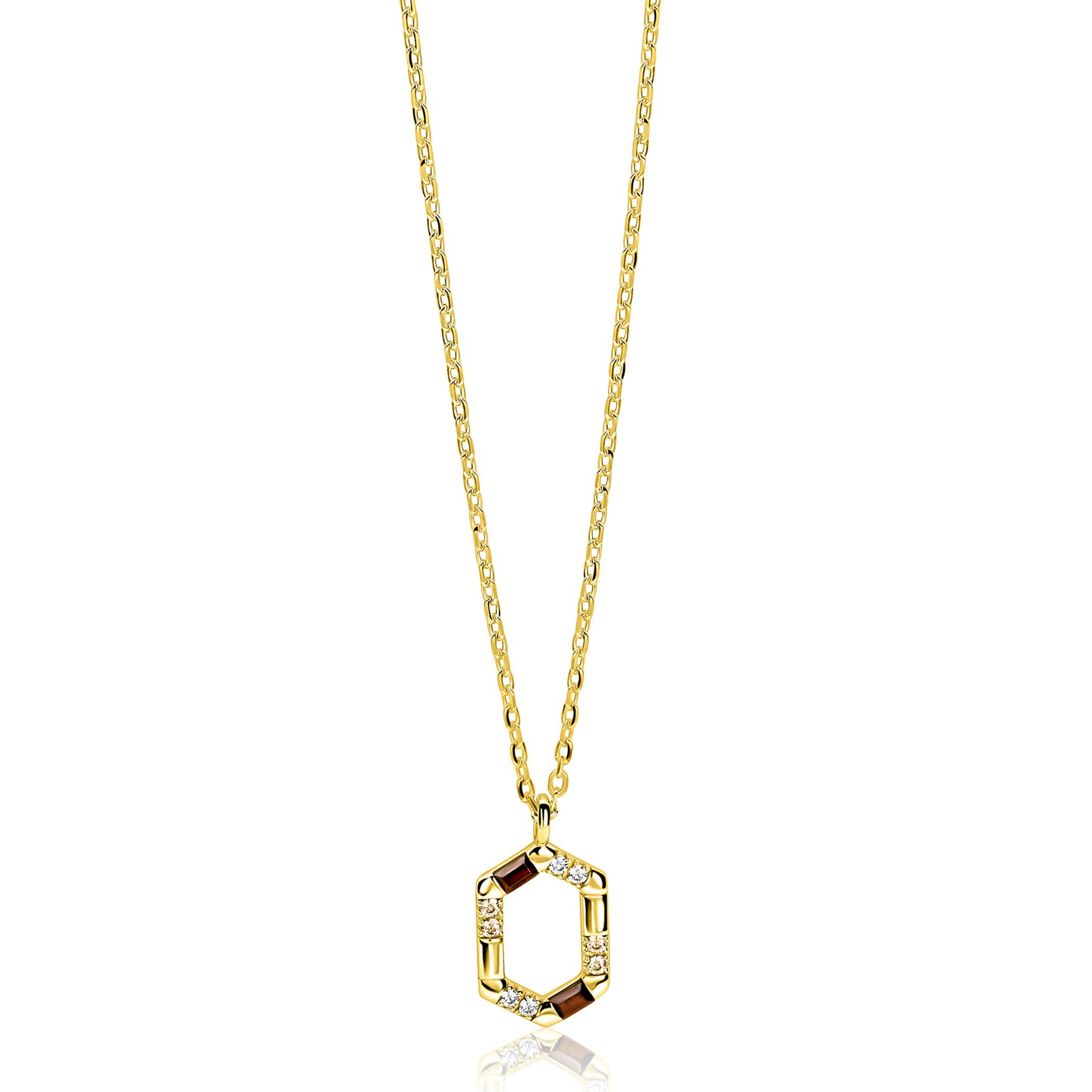 ZINZI gold plated zilveren ketting met zeshoekige hanger (18mm) bezet met champagne, bruine en witte kleurstenen 42-45cm ZIC2869