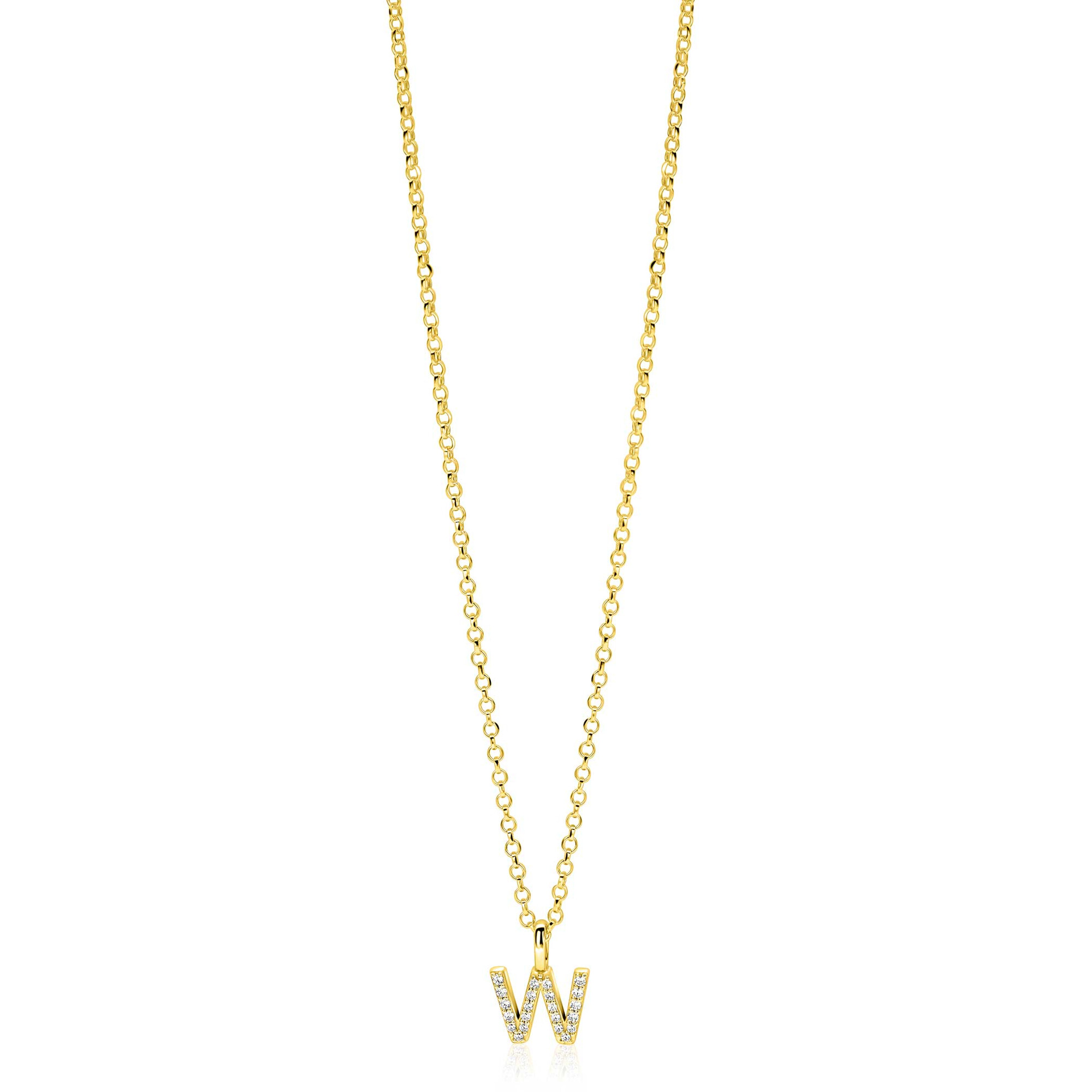 ZINZI gold plated zilveren letter hanger W bezet met witte zirkonia's ZIH2828-W (zonder ketting)