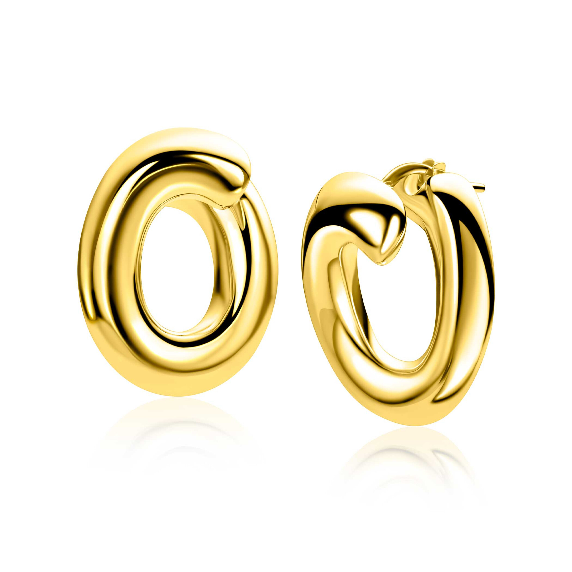 25mm ZINZI gold plated zilveren grote oorringen in ronde organische vorm met vloeiende lijnen en handige bovensluiting ZIO2903G