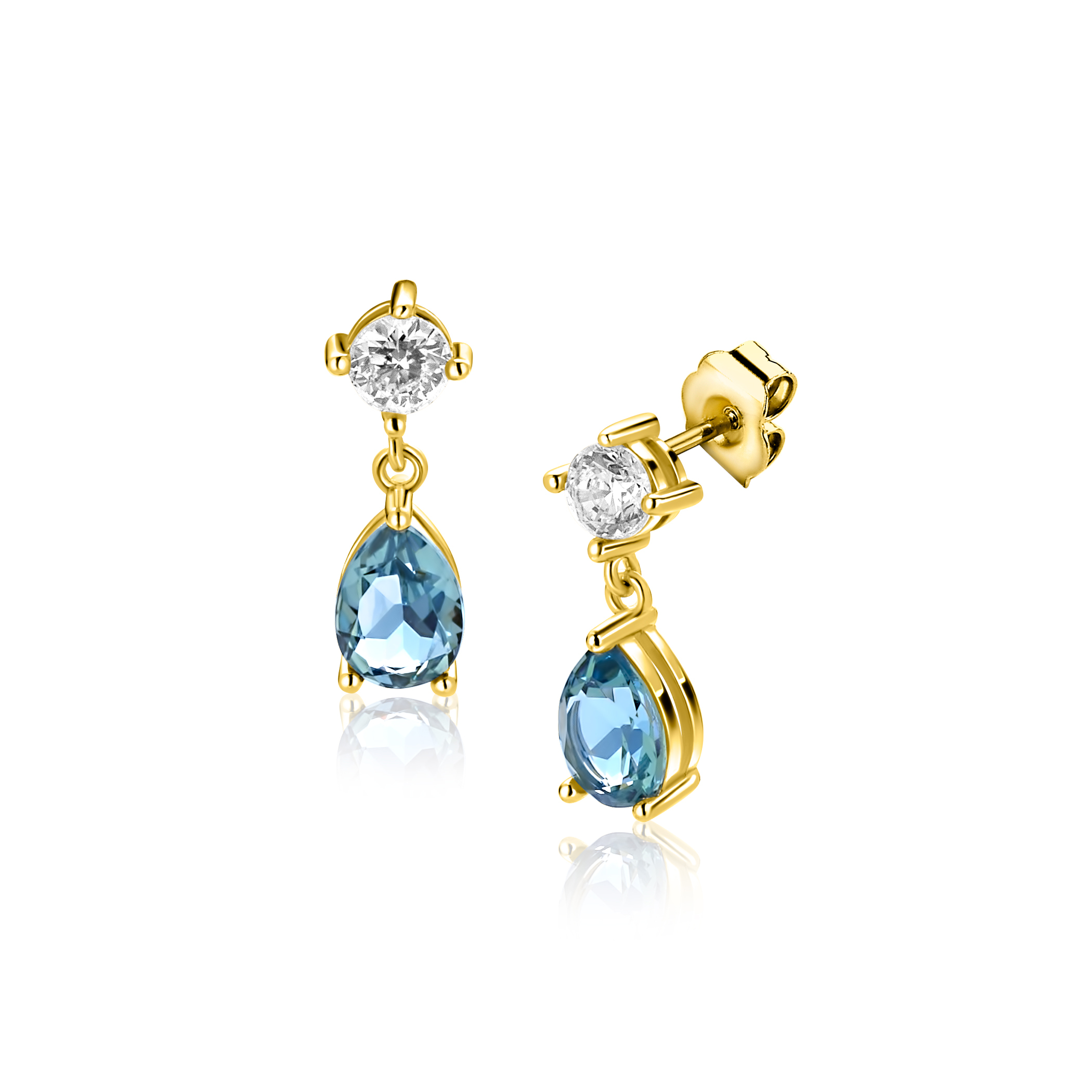 16mm ZINZI gold plated zilveren oorstekers blauwe peer en wit ronde zetting ZIO2744