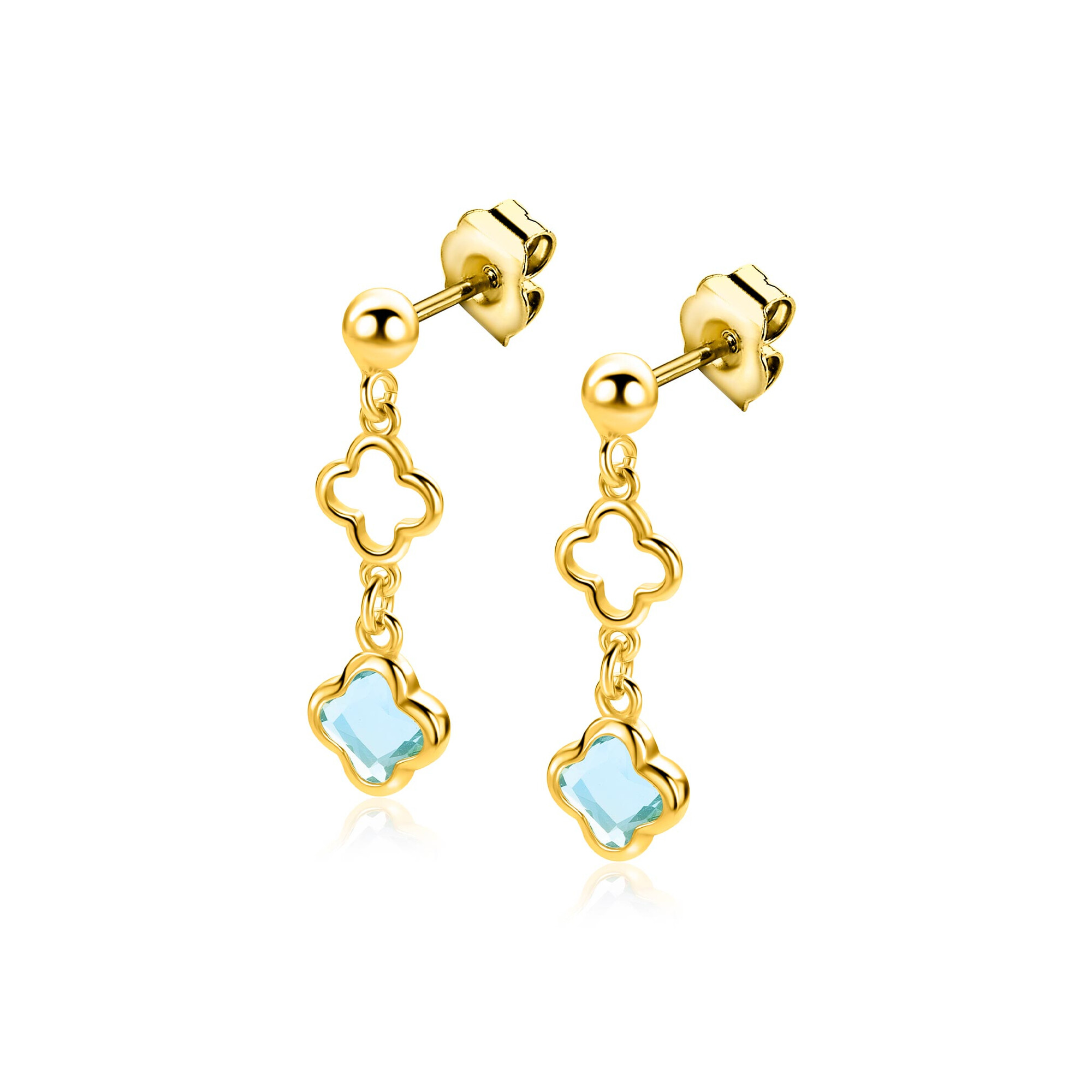 27mm ZINZI goldplated zilveren oorstekers met licht blauwe klavers en open klavers 8mm ZIO2906