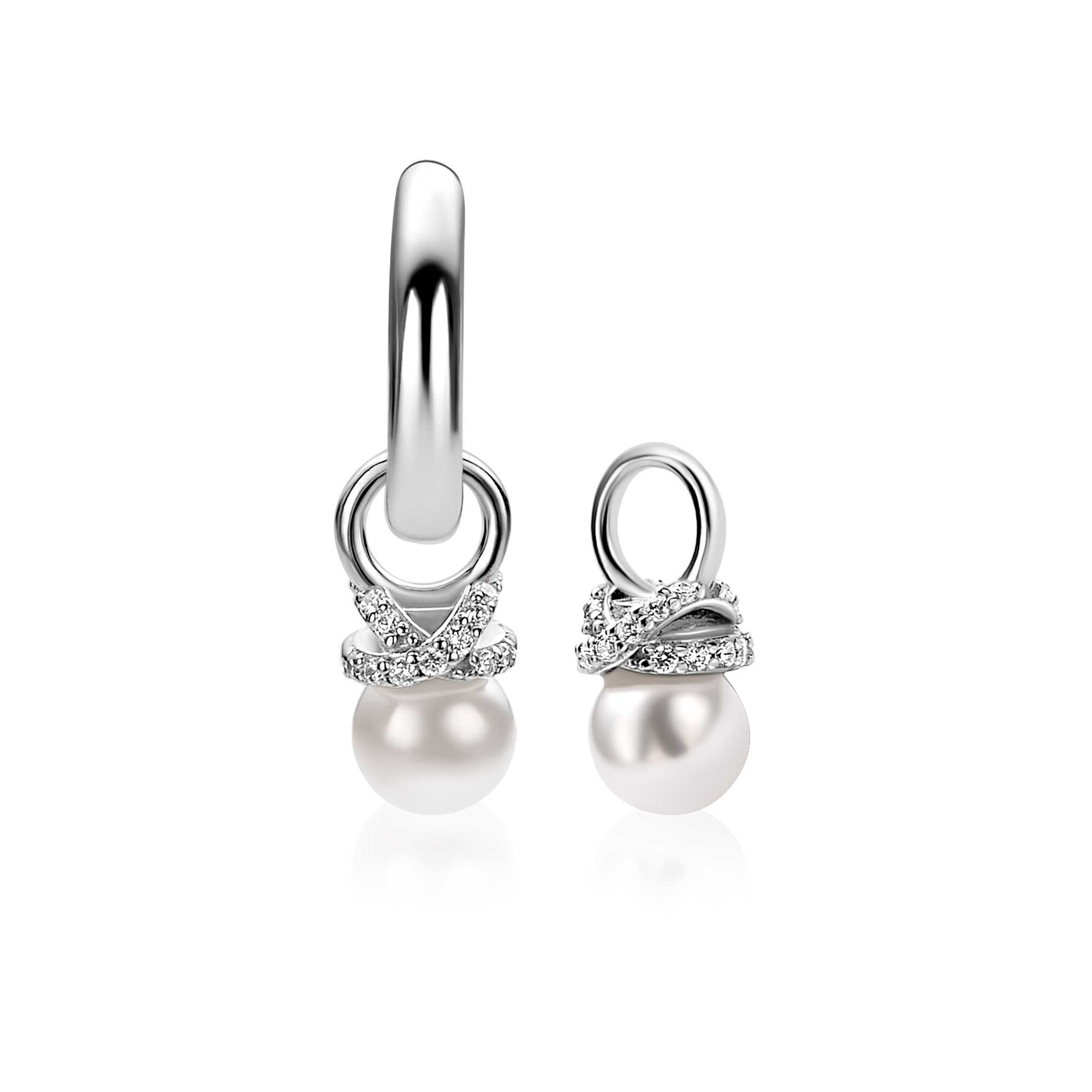8mm ZINZI zilveren oorbedels met een witte parel en een strikvormige zetting bezet met witte zirkonia’s ZICH2863 (zonder oorringen)