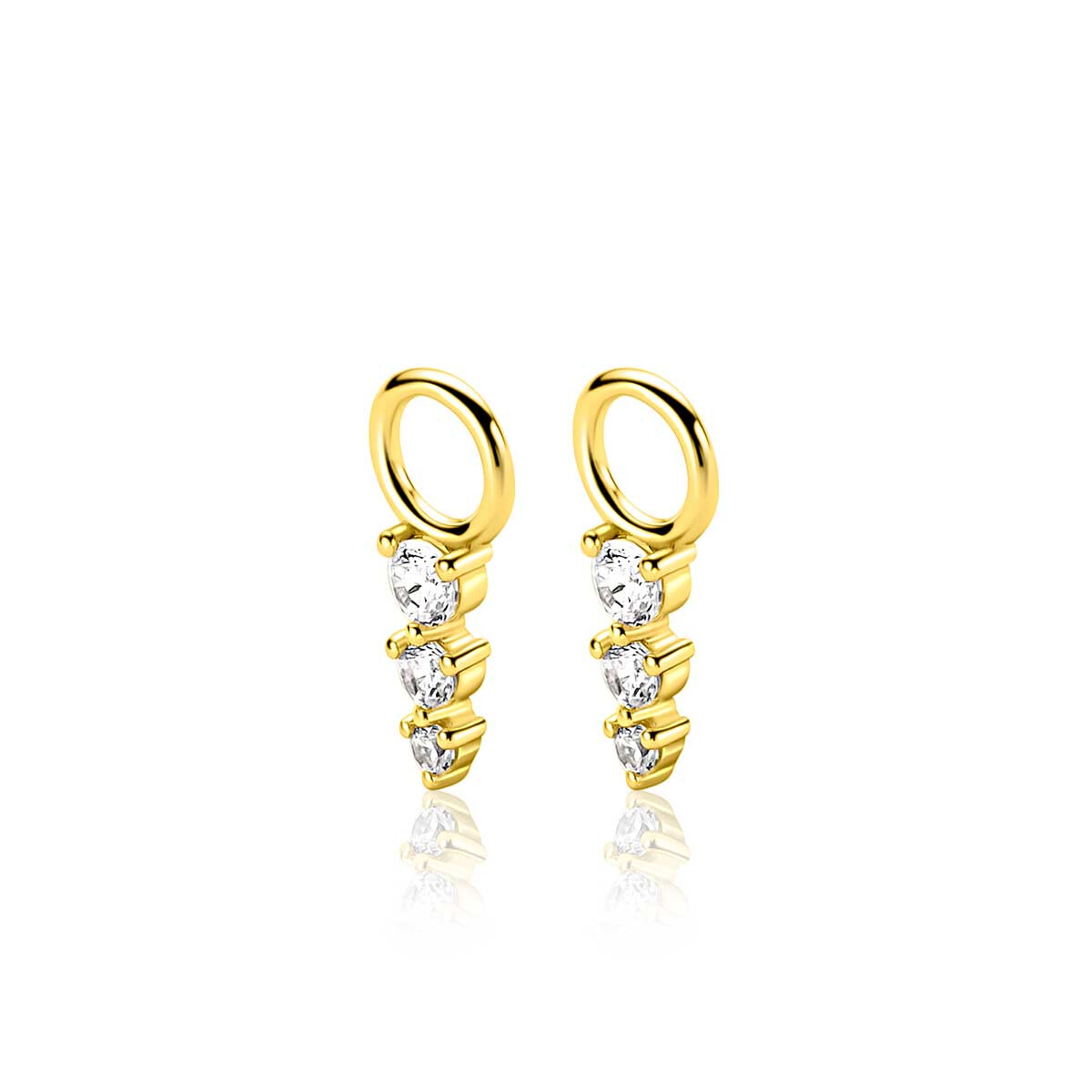 13mm ZINZI gold plated zilveren oorbedels met drie onder elkaar geplaatste witte zirkonia’s in verfijnde chatonzetting ZICH2887Y (zonder oorringen)