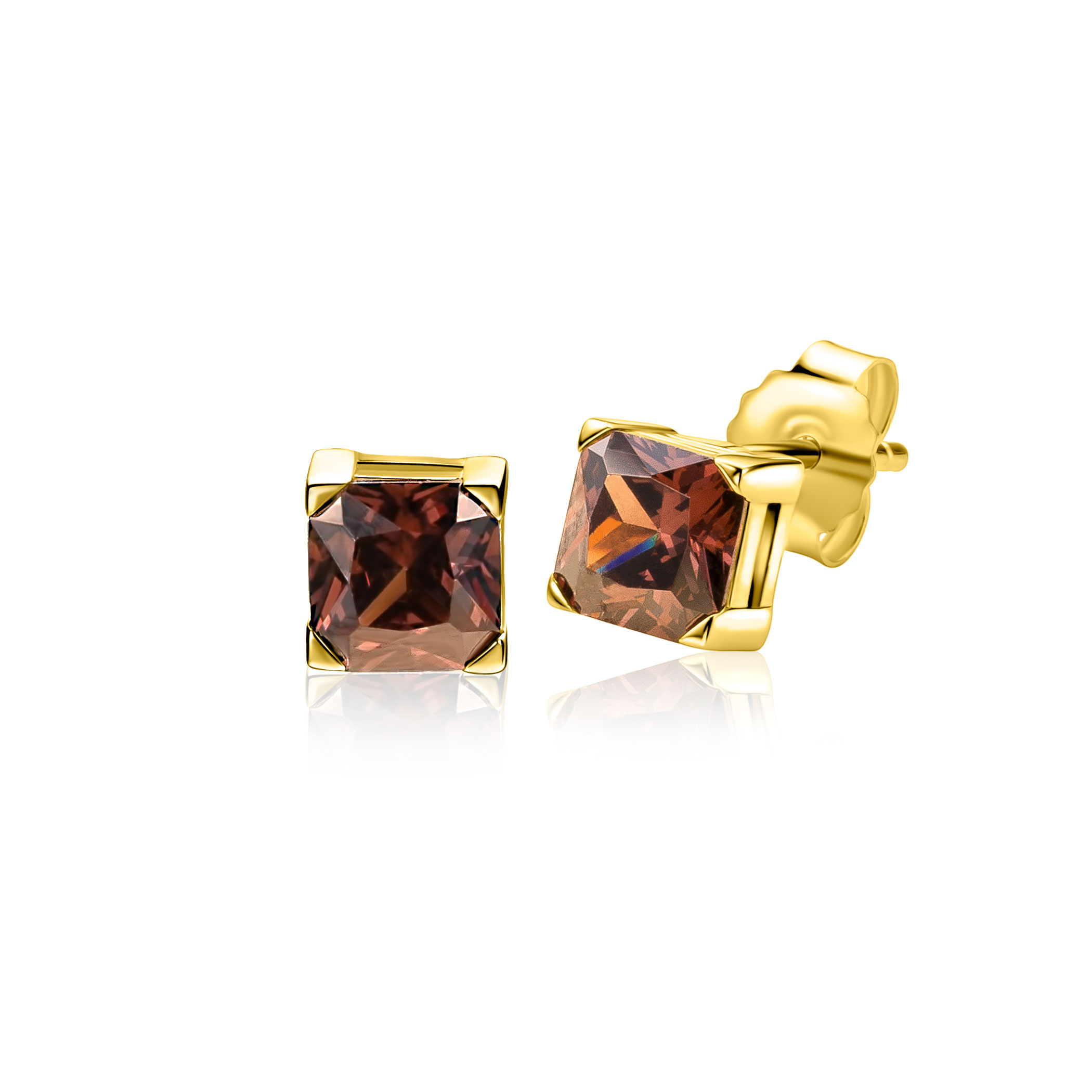 6mm ZINZI gold plated zilveren oorknoppen met vierkante bruine zirkonia ZIO-BF141
