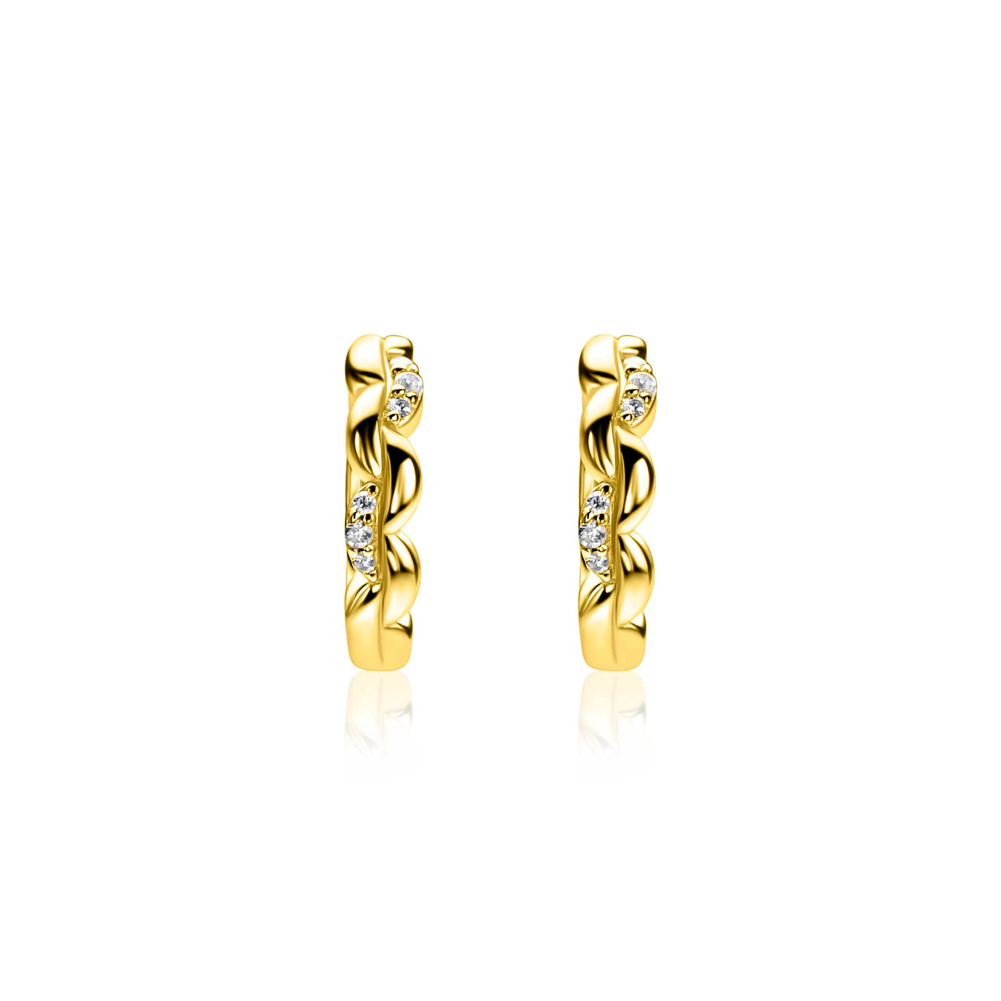 13mm ZINZI gold plated zilveren oorringen met een sierlijk golvend design, subtiel bezet met witte zirkonia’s, luxe klapsluiting ZIO2875