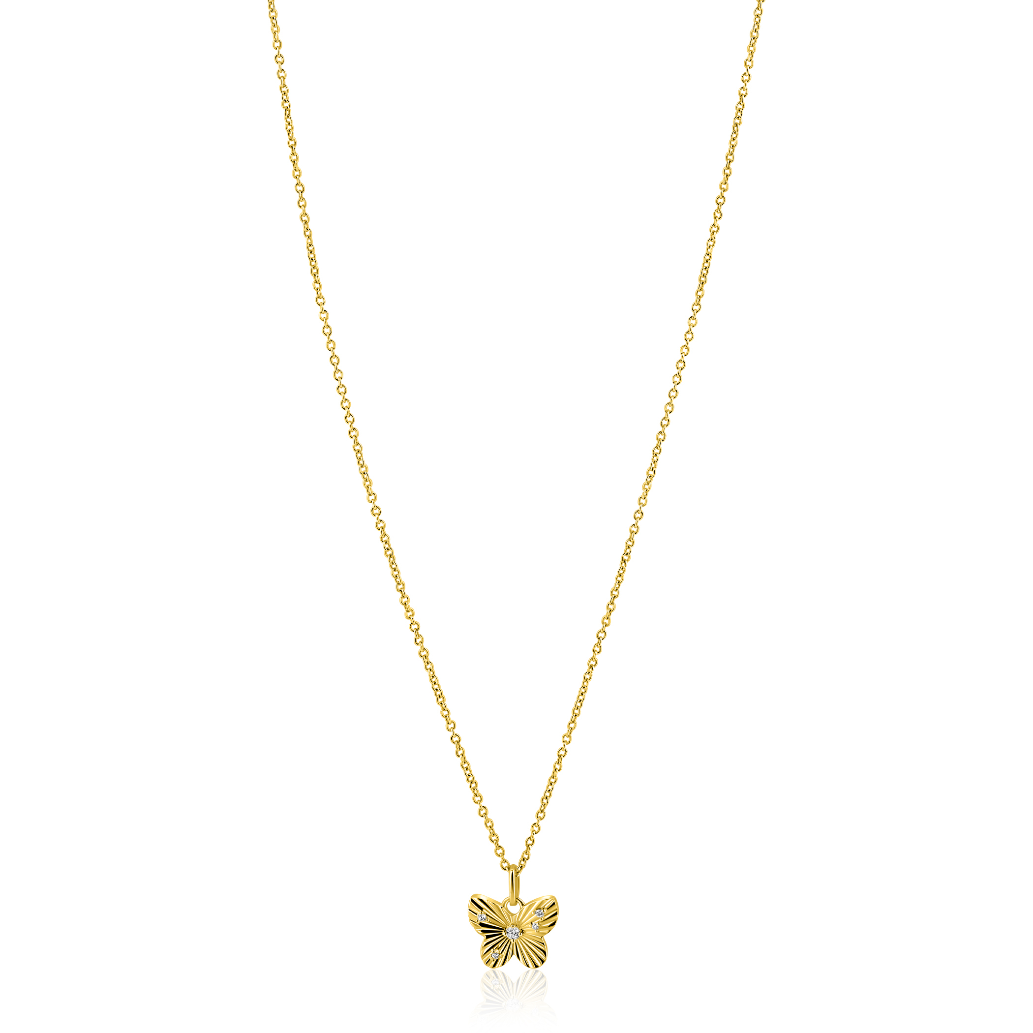 ZINZI gold plated zilveren ketting 42-45cm met vlinder hanger, bezet met witte zirkonia's ZIC2742