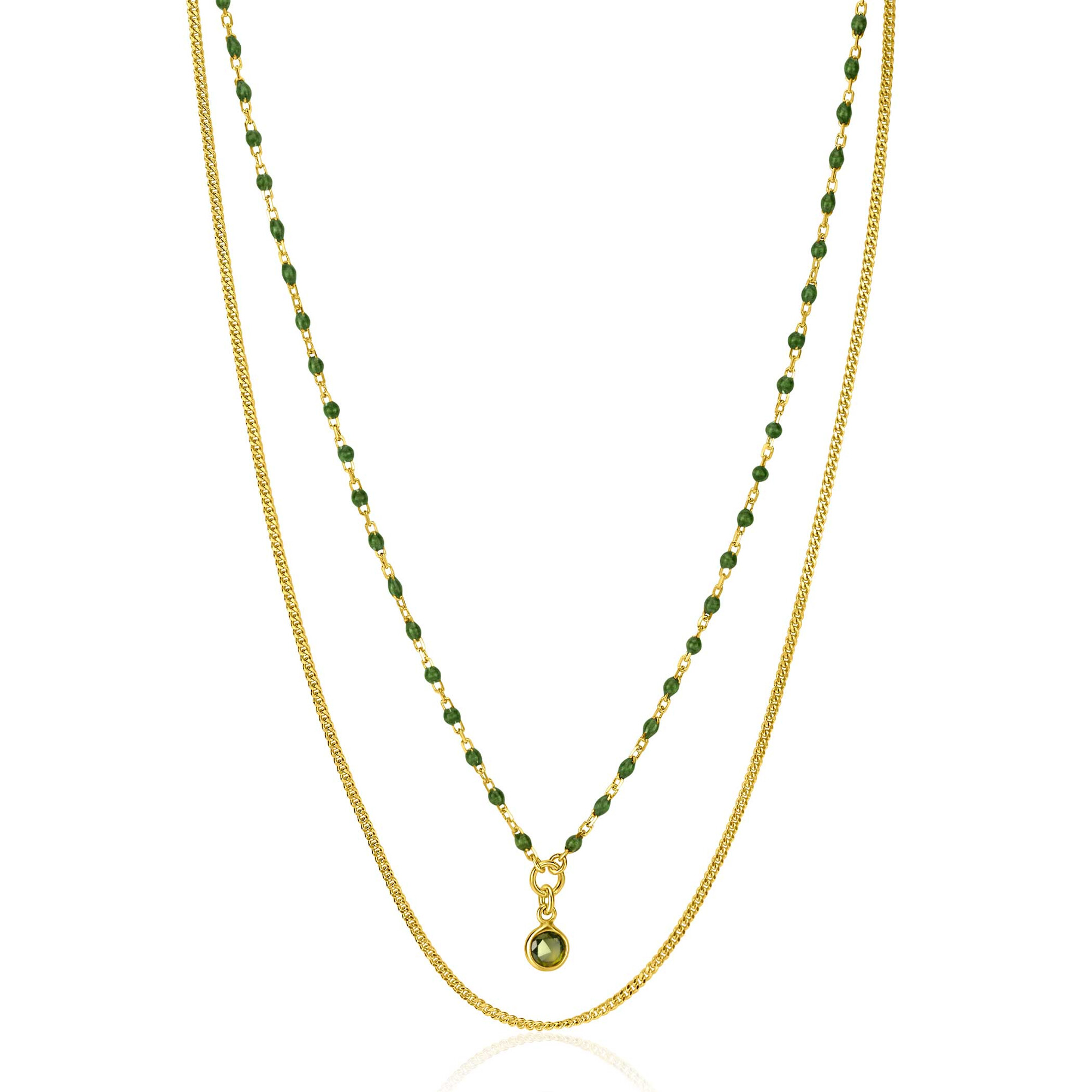 ZINZI gold plated zilveren multilook ketting met gourmet en groene bolletjes schakels, ronde zetting met olijfgroene kleursteen 42-45cm ZIC2528G
