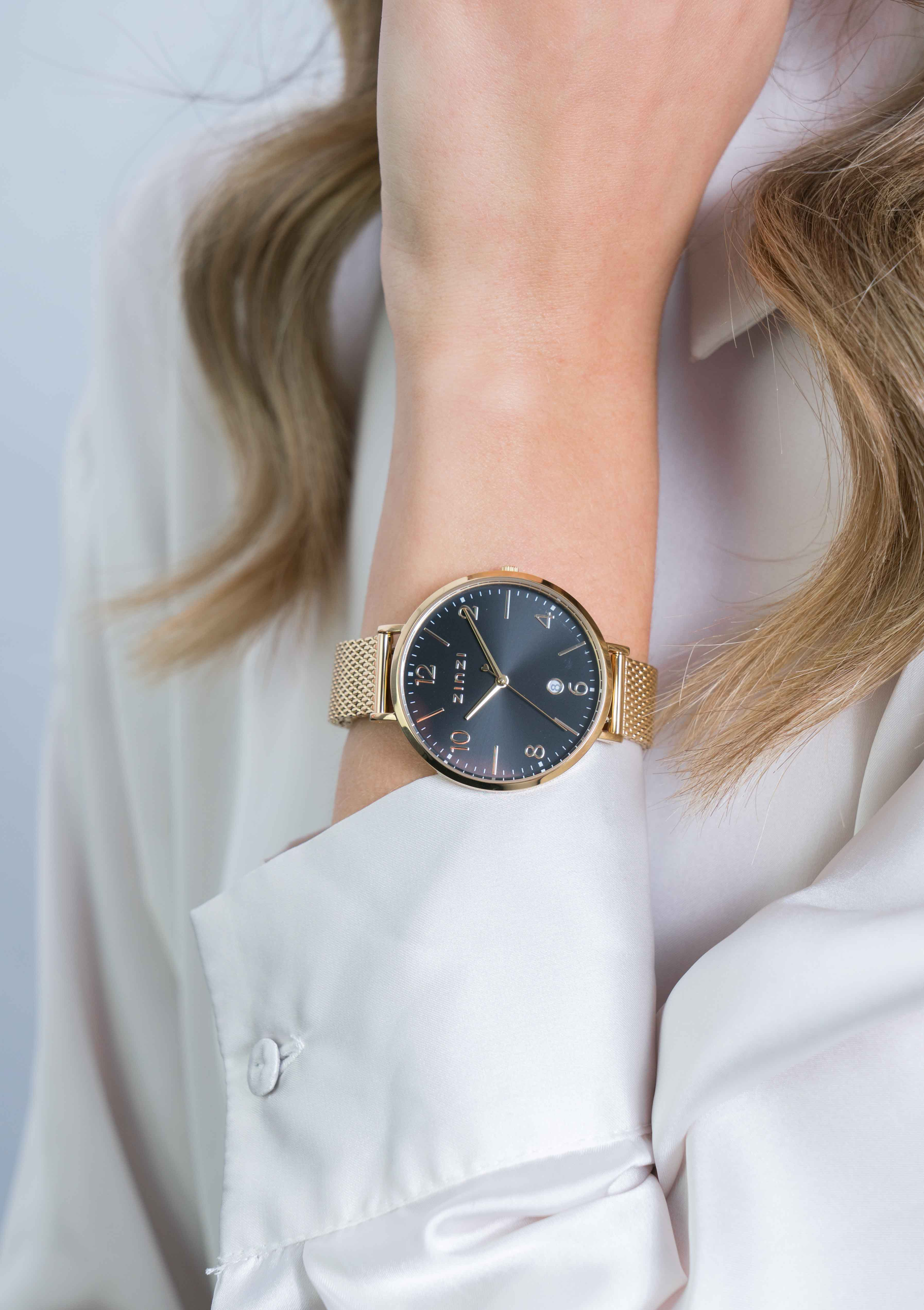 ZINZI horloge SOPHIE zwarte wijzerplaat met datum, goudkleurige kast 38mm, stalen mesh band 14mm ZIW1443