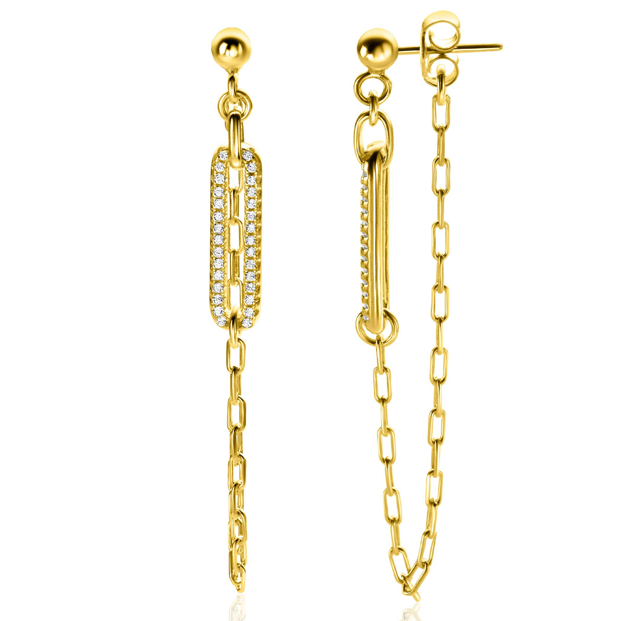 60mm ZINZI gold plated zilveren oorstekers met paperclip ketting en open ovale vorm bezet met witte zirconia's ZIO2538